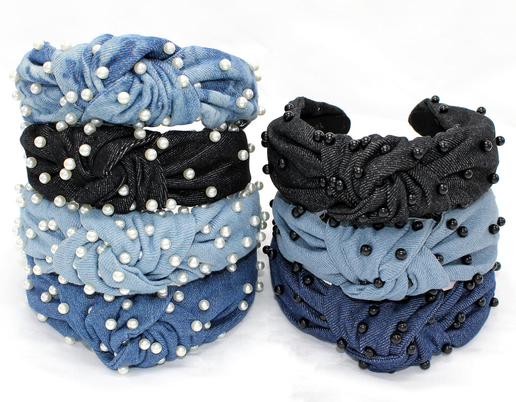 YETASI Denim Blue Pearl Knotted Headband – Soft Fabric Top Knot for Women