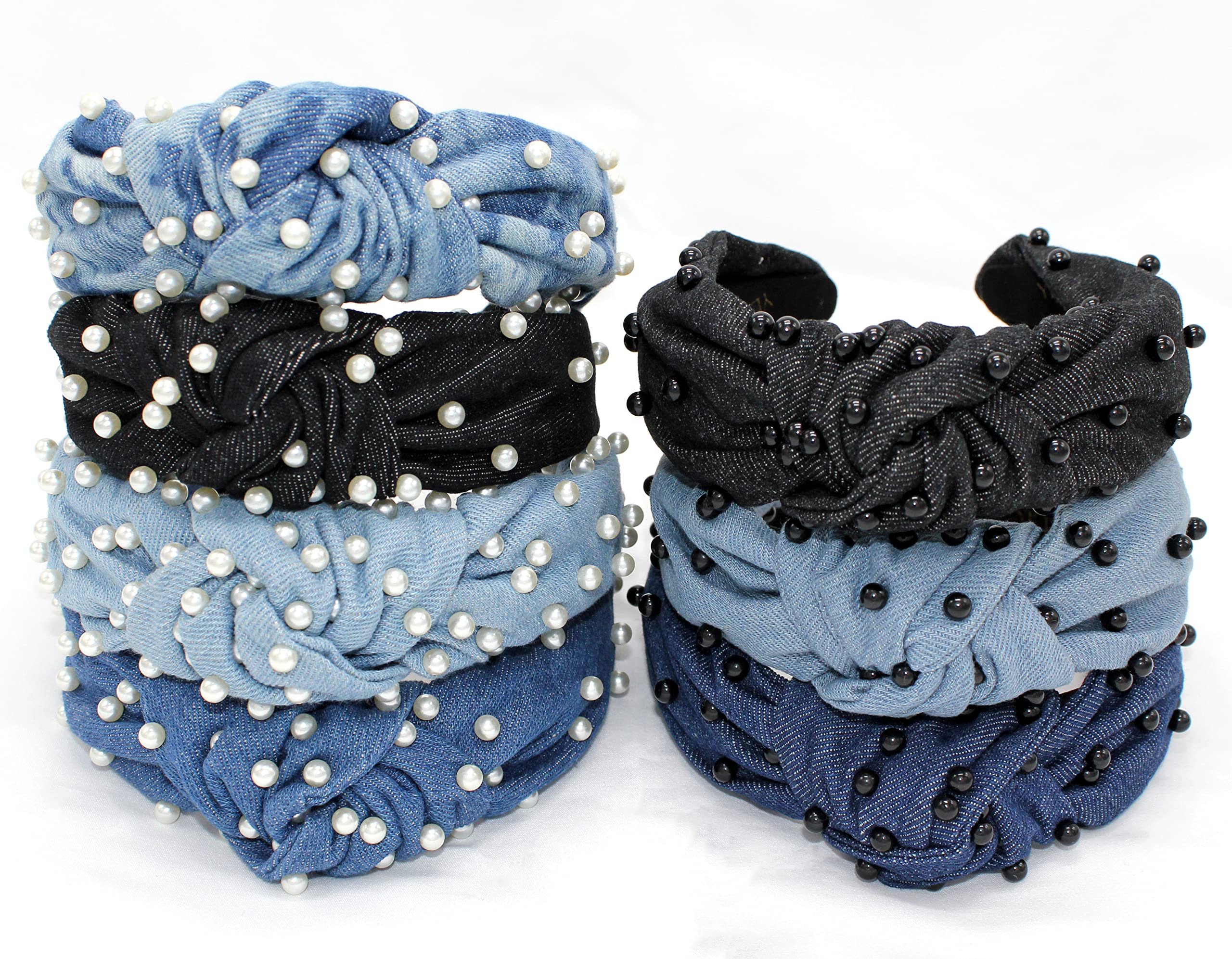 YETASI Denim Blue Pearl Knotted Headband – Soft Fabric Top Knot for Women