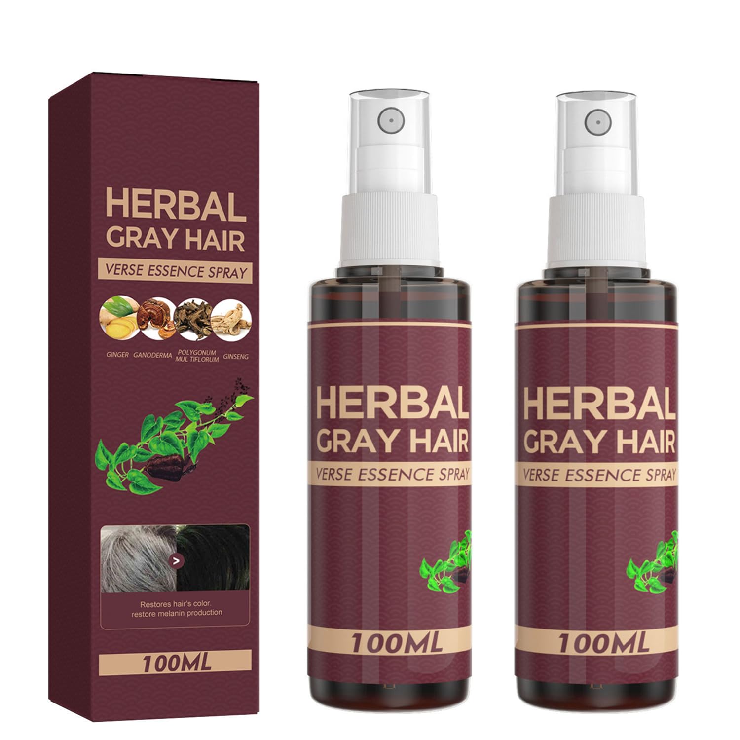 YG LianKai 2Pcs Herbal Essence Hair Spray – Gray Hair Verse Essence Spray, Gradual Natural Hair Darkening (100ml)