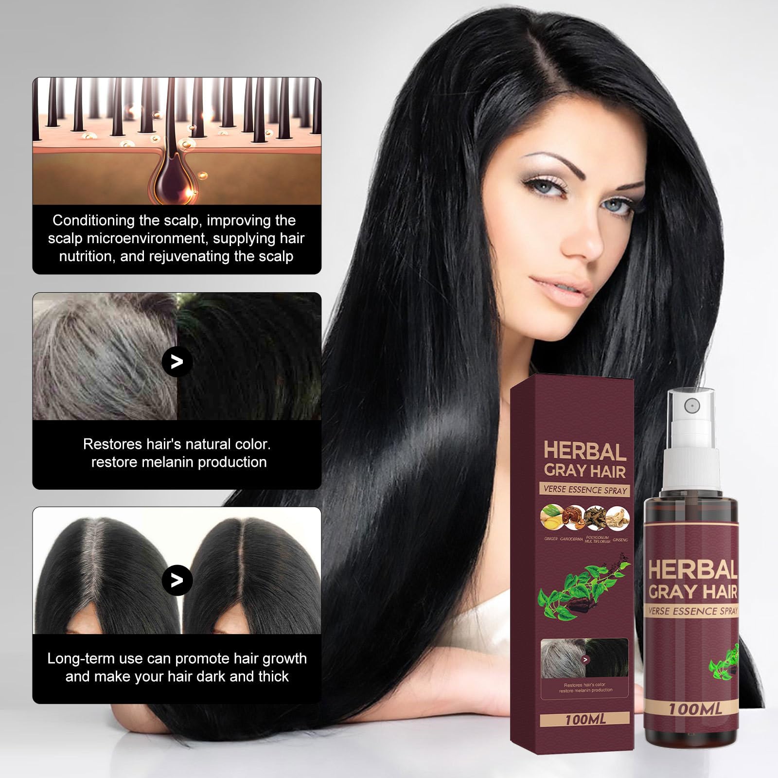 YG LianKai 2Pcs Herbal Essence Hair Spray – Gray Hair Verse Essence Spray, Gradual Natural Hair Darkening (100ml)