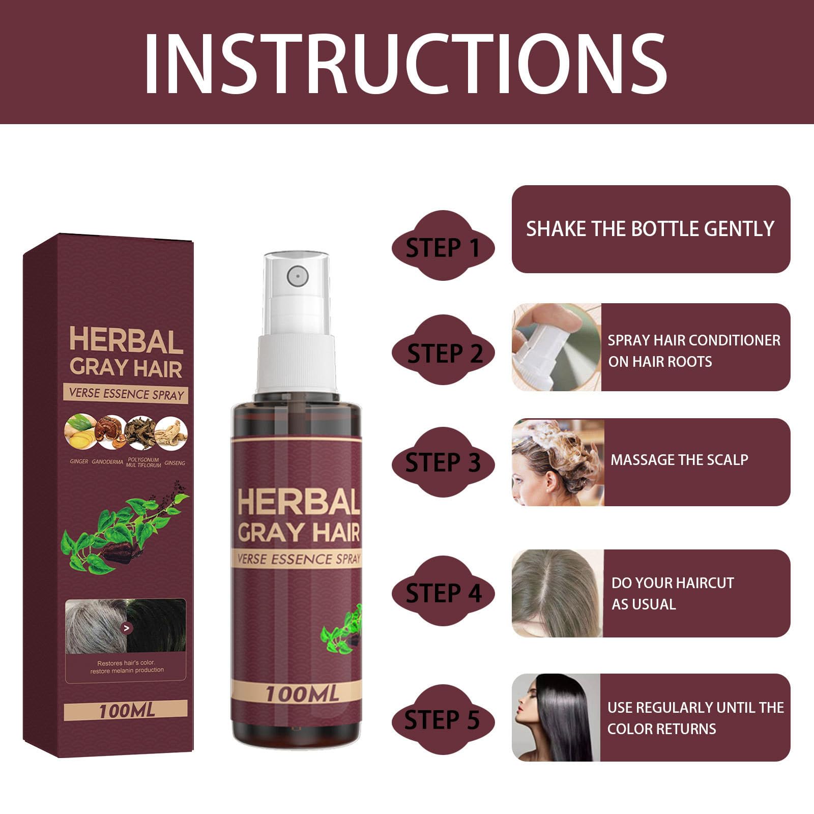 YG LianKai 2Pcs Herbal Essence Hair Spray – Gray Hair Verse Essence Spray, Gradual Natural Hair Darkening (100ml)