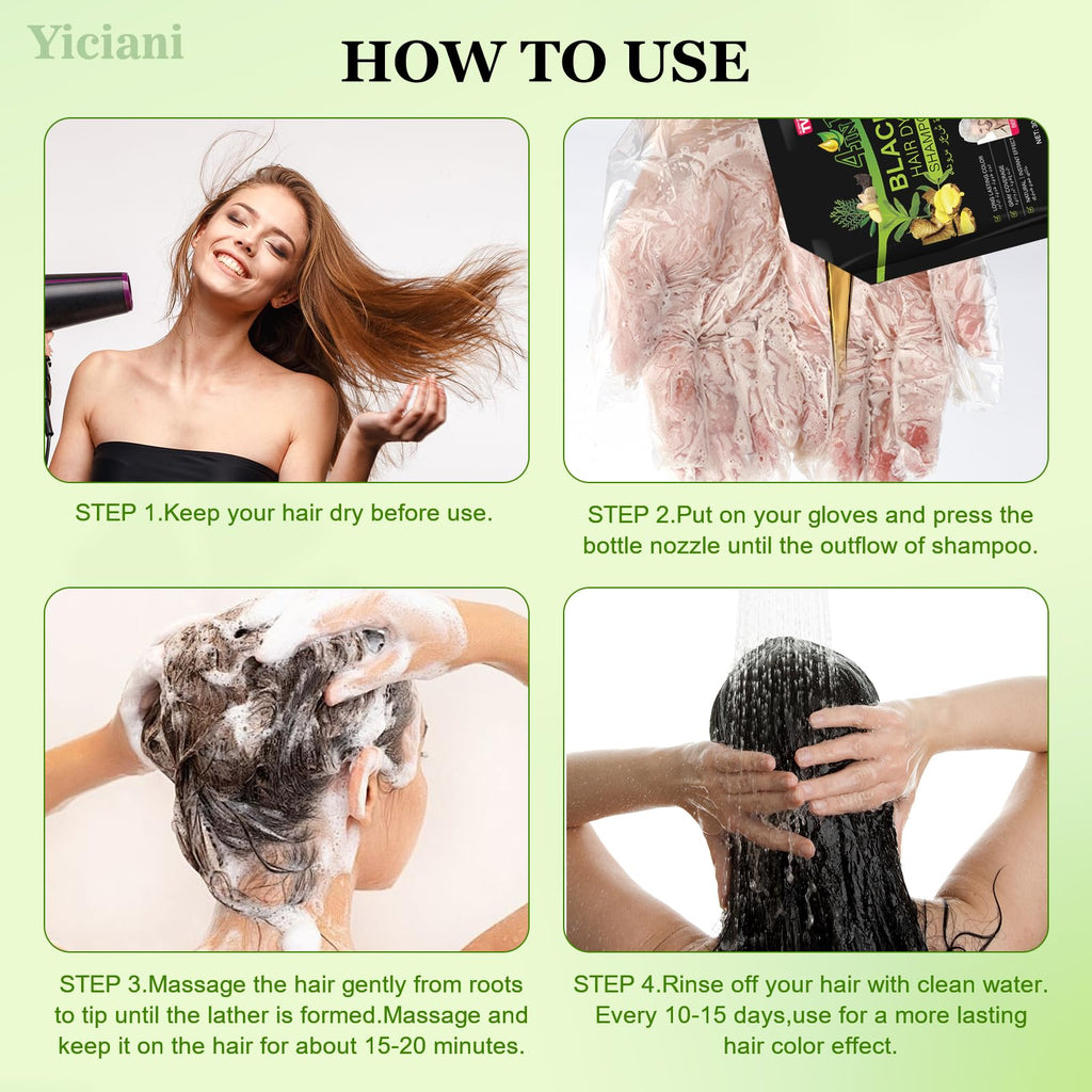 Yiciani Upgraded 10 PCS Black Hair Dye Shampoo – 4-in-1 Natural Plant Formula for Men & Women