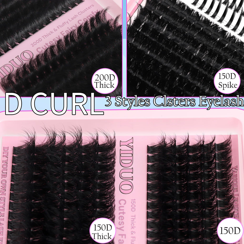 YIDUO 575Pcs Lashes Clusters Kit with Glue & Removers – D Curl 150D/200D, 12–21mm DIY Home Lash Extensions