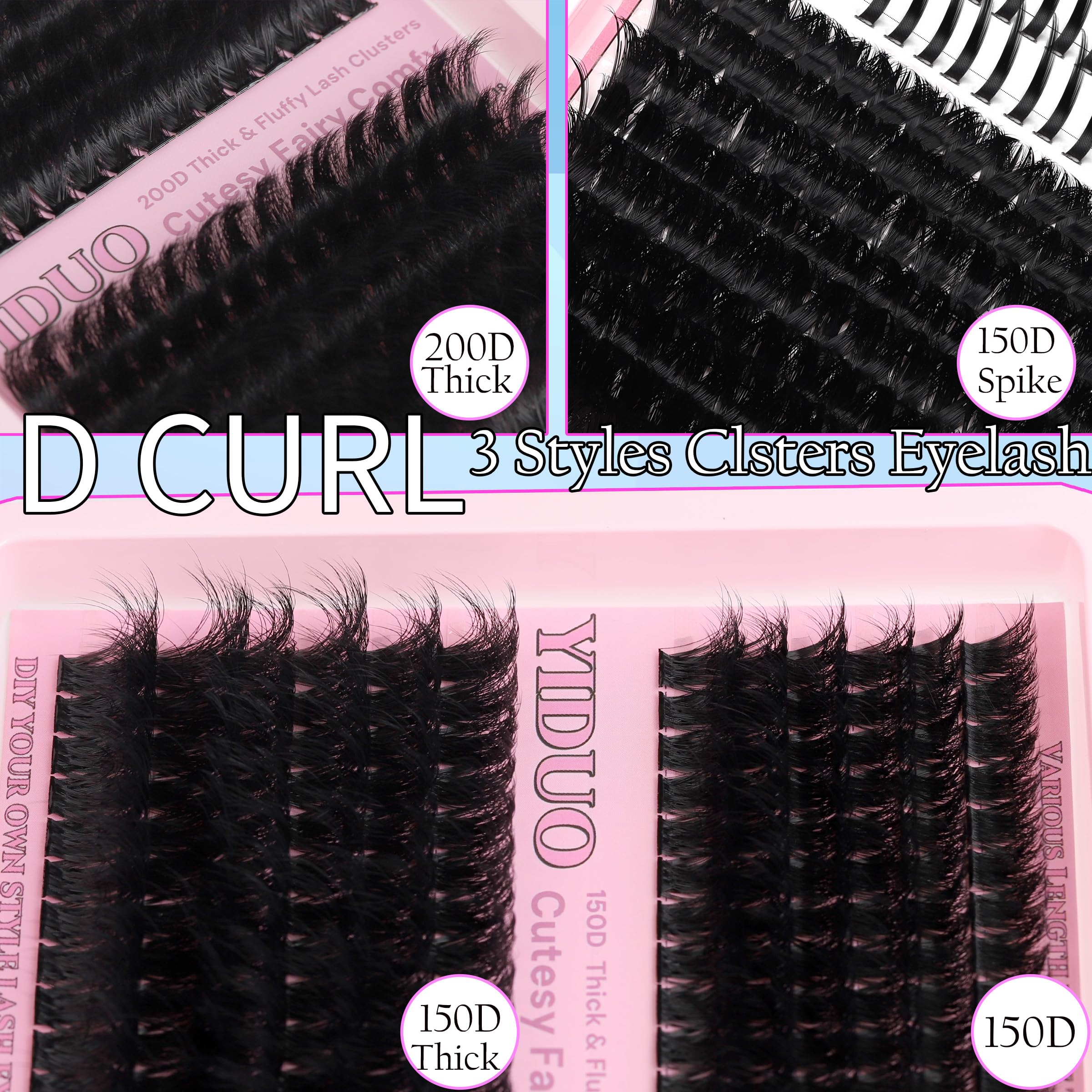 YIDUO 575Pcs Lashes Clusters Kit with Glue & Removers – D Curl 150D/200D, 12–21mm DIY Home Lash Extensions