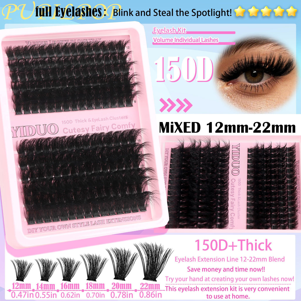 YIDUO 575Pcs Lashes Clusters Kit with Glue & Removers – D Curl 150D/200D, 12–21mm DIY Home Lash Extensions