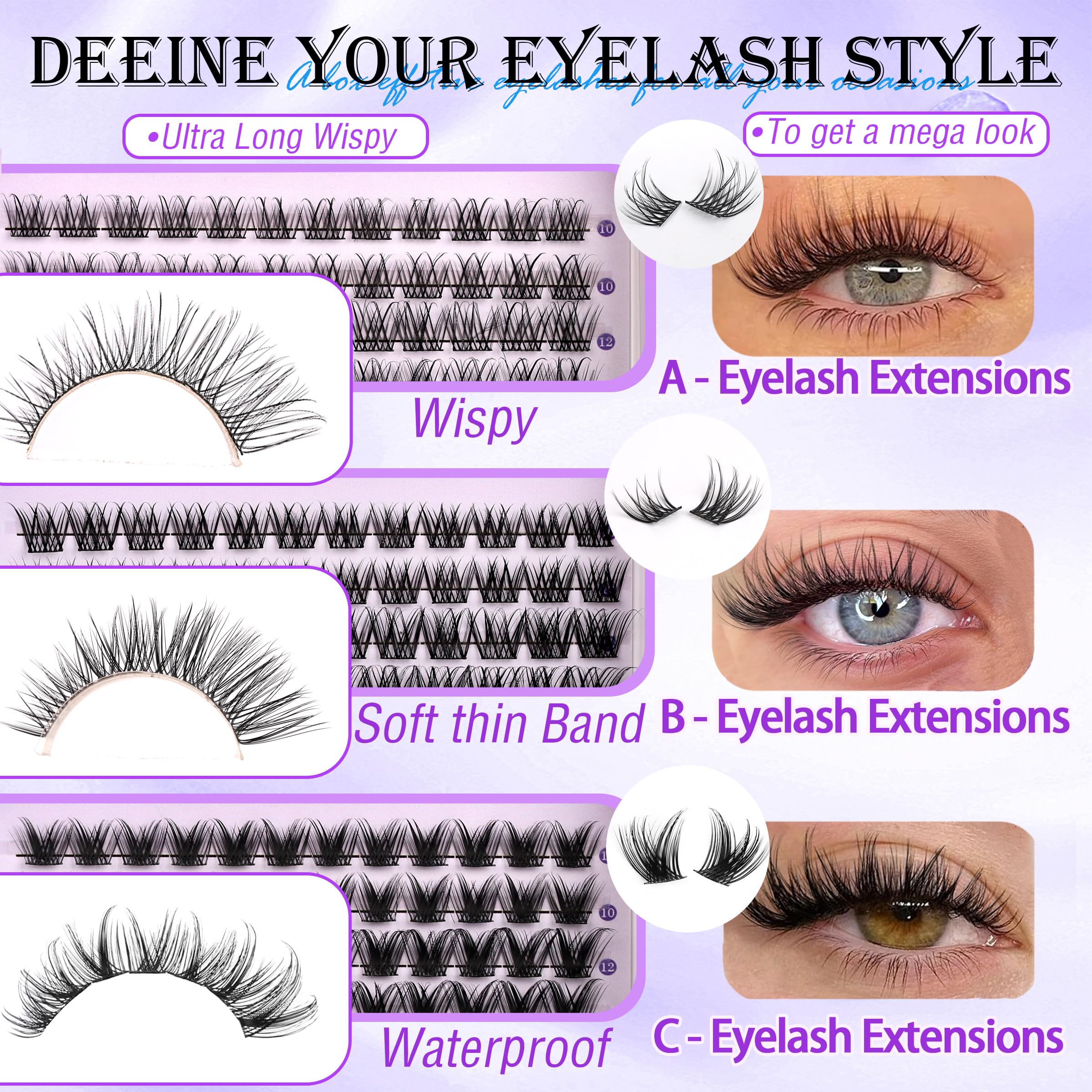 YIDUO YlDUO Lashes Clusters Kit – Natural C/D Curl Wispy Extensions, DIY Kit with Glue x2, Tweezers, Remover, Brush
