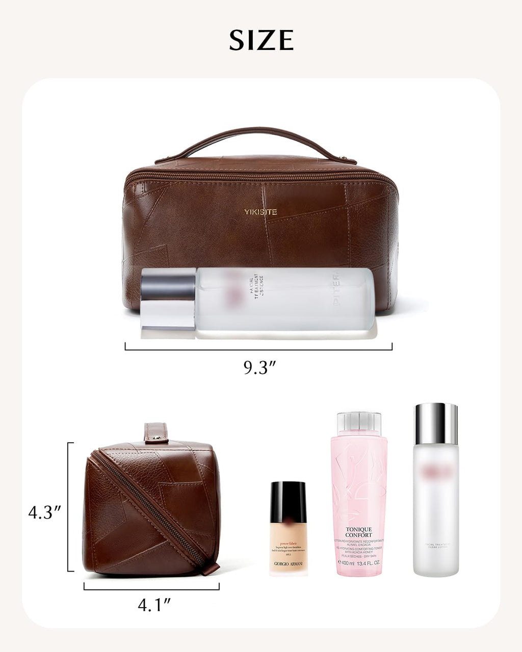 Yikisite Makeup Bag – Travel Cosmetic Organizer with Divider, Waterproof PU Leather Brown