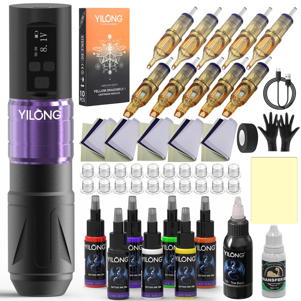 YILONG Tattoo Gun Kit – 1500mAh Battery, Beginner Tattoo Pen, Cartridges & Transfer Gel