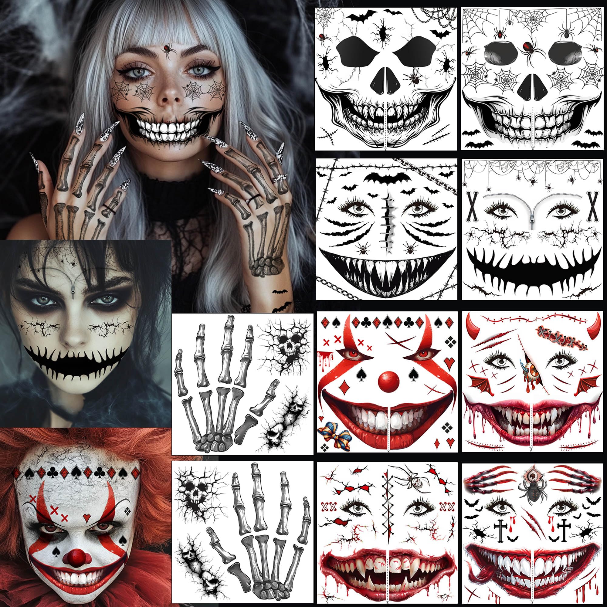 Yitla 10Pcs Halloween Tattoos – Ghost Face & Skeleton Temporary Stickers for Men & Women