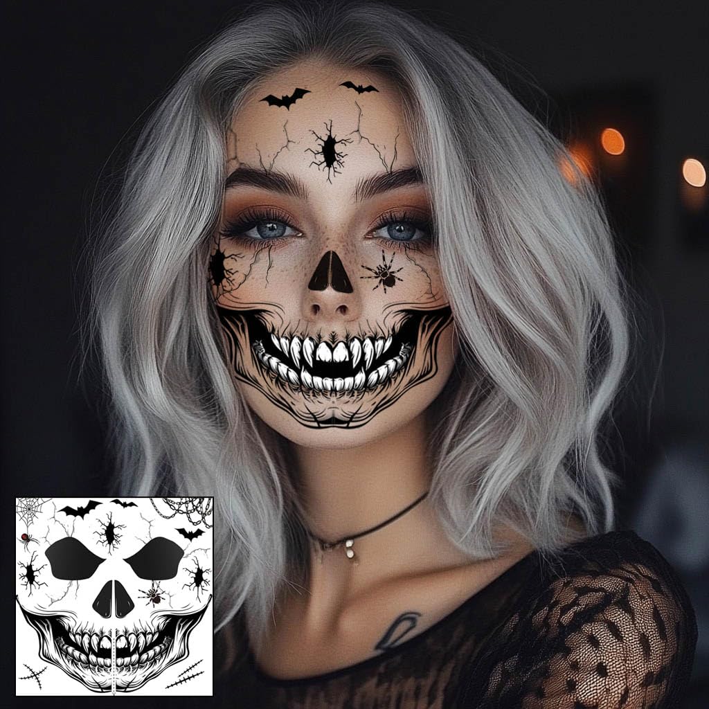 Yitla 10Pcs Halloween Tattoos – Ghost Face & Skeleton Temporary Stickers for Men & Women