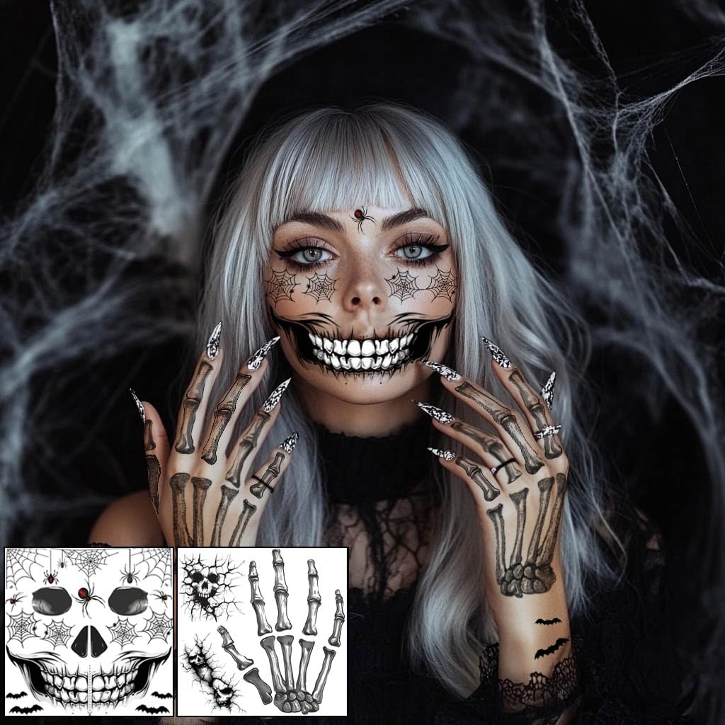 Yitla 10Pcs Halloween Tattoos – Ghost Face & Skeleton Temporary Stickers for Men & Women