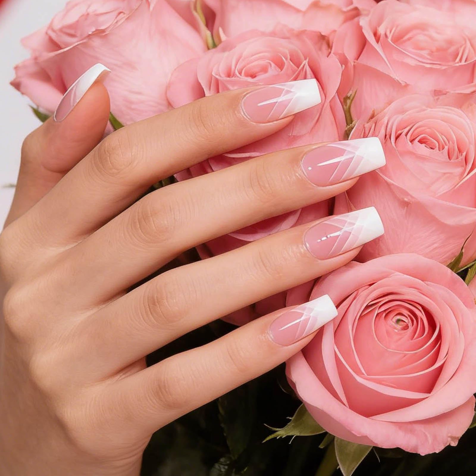 YIZHUO Valentine's Day Gel Nail Strips – Gradient Pink French Tip, 20 Pcs, DIY at Home