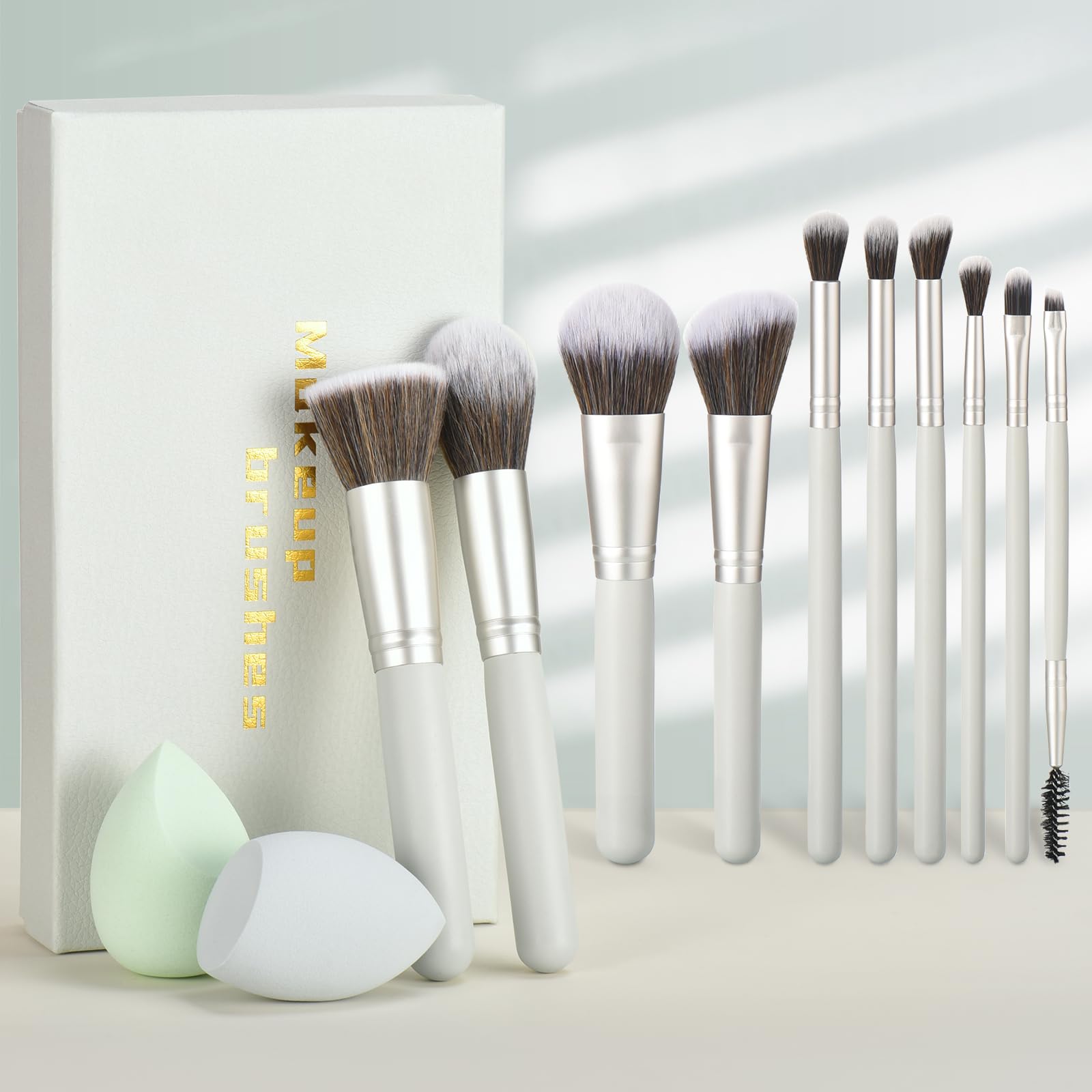 YJ-Anyue Gift Ready 14-Piece Grayish Green Makeup Brush Set with Wooden Handles