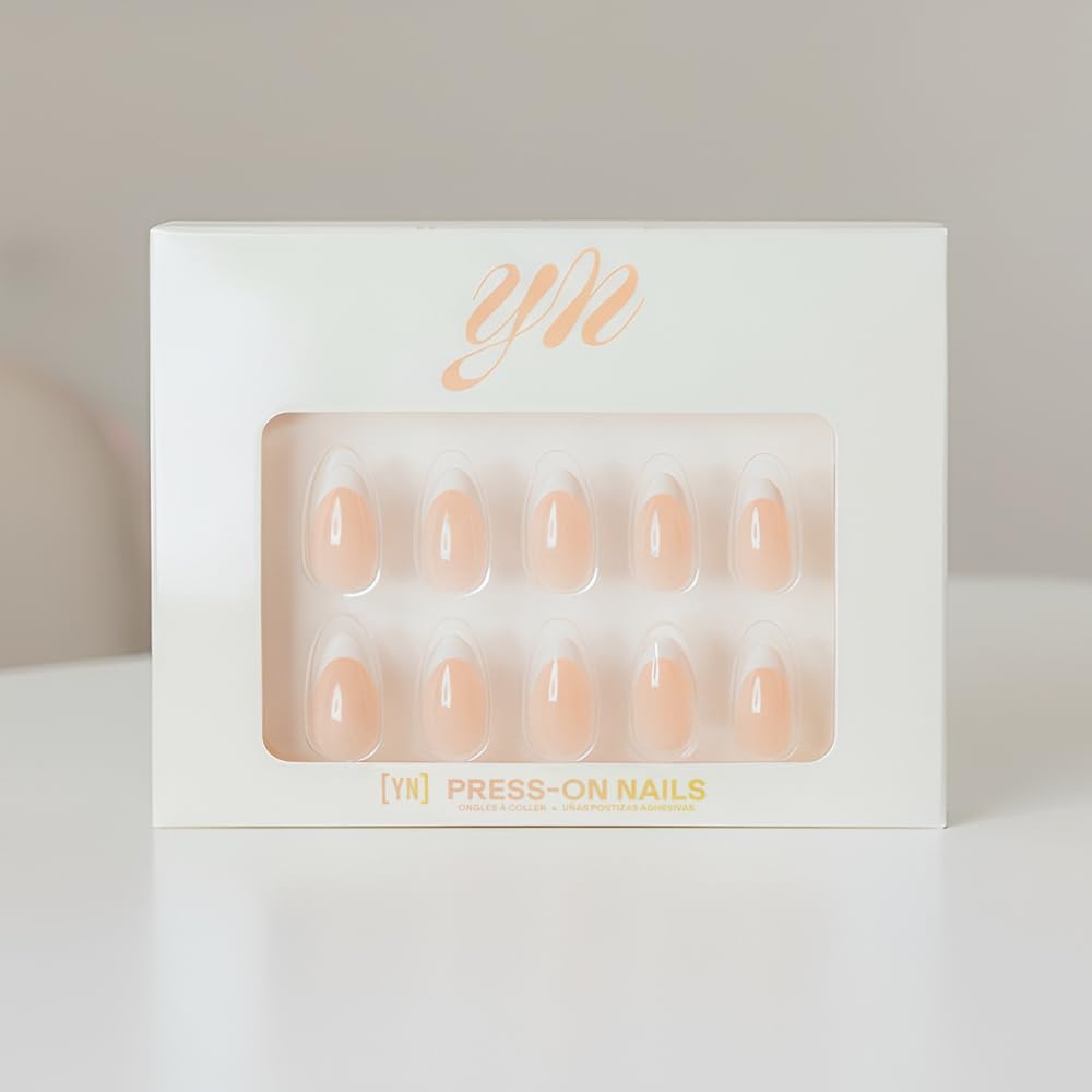 YN Young Nails Press On Nails – Medium Oval Glue-On Kit with All-In-One Tools (Pretty in French)