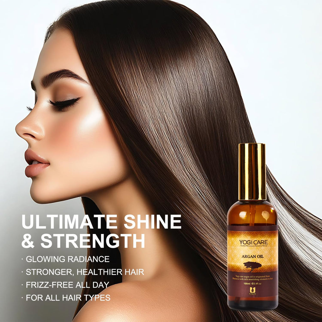 YOGI CARE Moroccan Argan Oil for Frizzy, Dry & Damaged Hair – Nourishing & Strengthening, 3.4 FL OZ