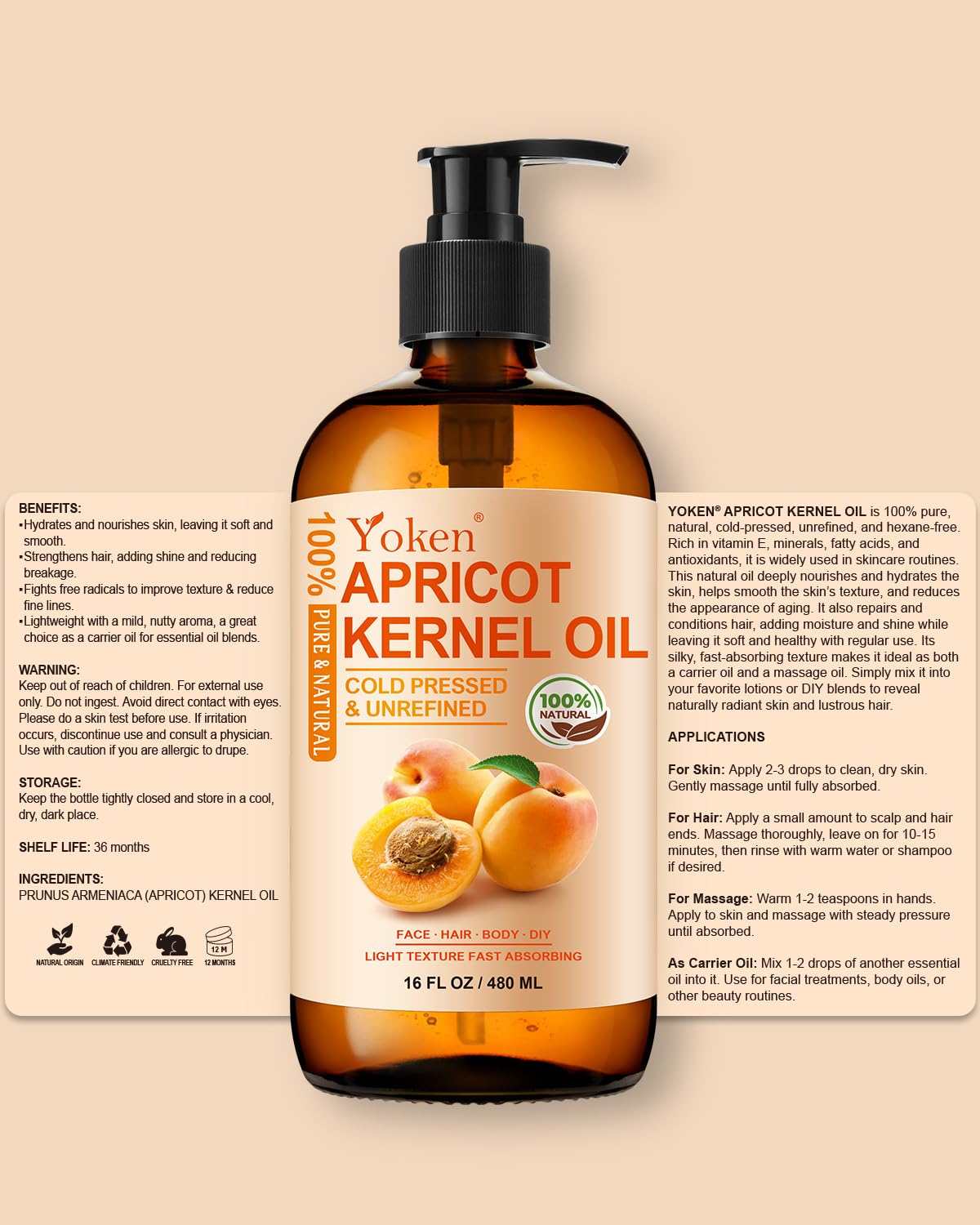 Yoken Cold Pressed Apricot Kernel Oil 16 oz – 100% Pure, Unscented Carrier Oil for Skin & Hair