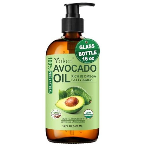 Yoken USDA Organic Avocado Oil, Cold Pressed - 16oz Glass Bottle | Moisturizing, Unscented Carrier Oil for Skin, Hair & Scalp