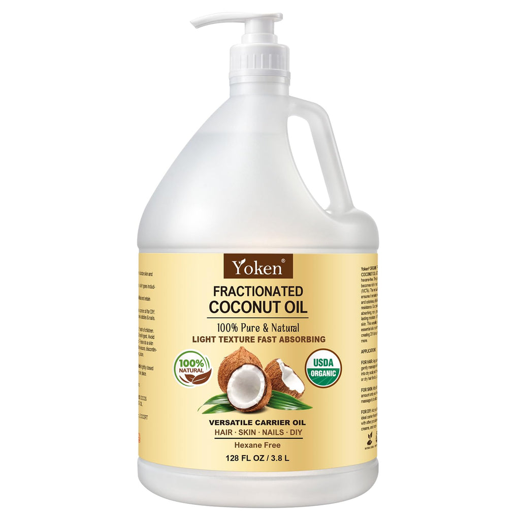 Yoken USDA Organic Fractionated Coconut Oil, 1 Gallon – Unscented, Hexane Free, for Massage & Bulk Use