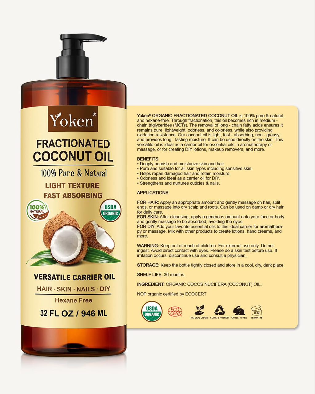 Yoken Organic Fractionated Coconut Oil – 32 oz USDA Organic Carrier Oil for Hair & Skin