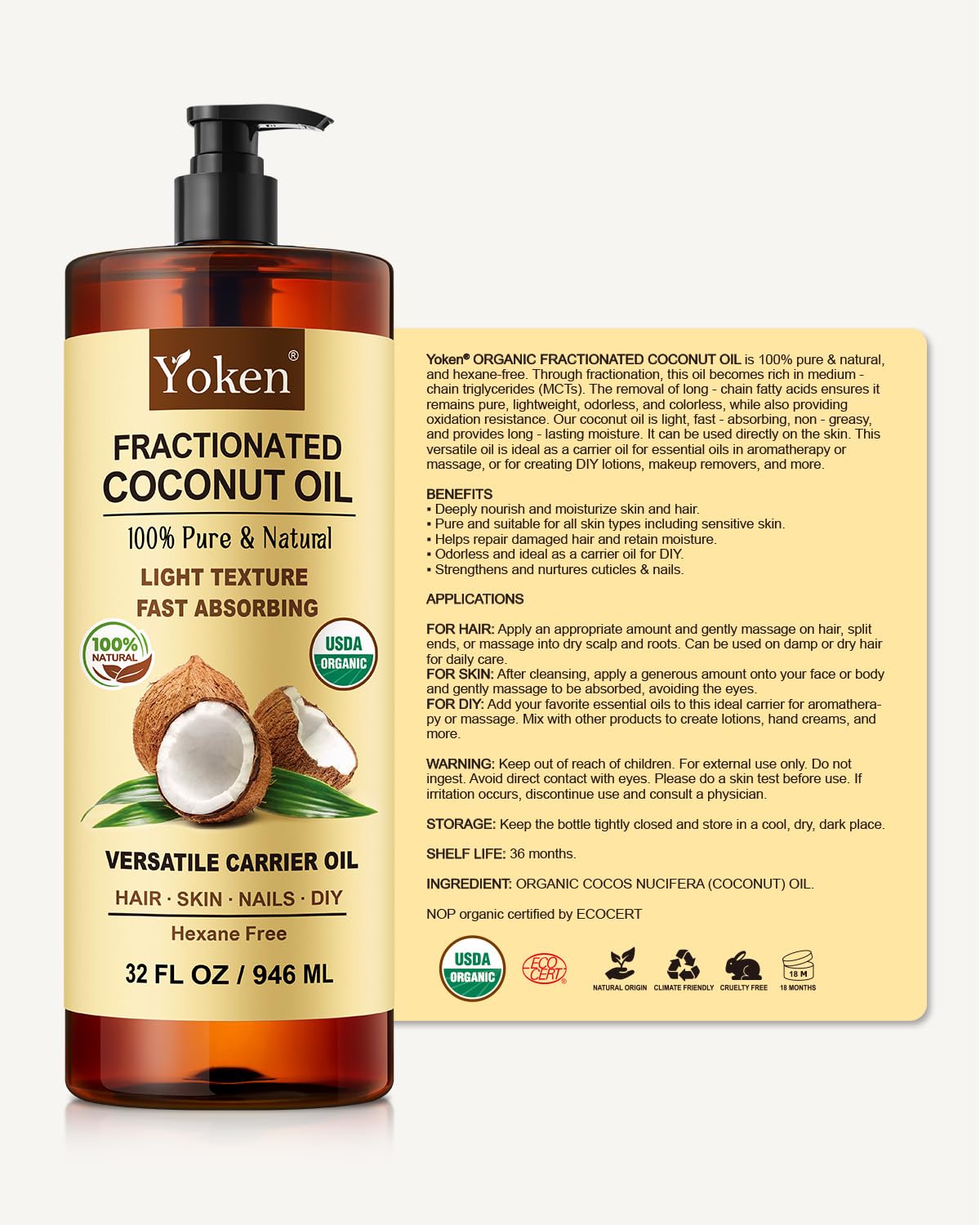 Yoken Organic Fractionated Coconut Oil – 32 oz USDA Organic Carrier Oil for Hair & Skin