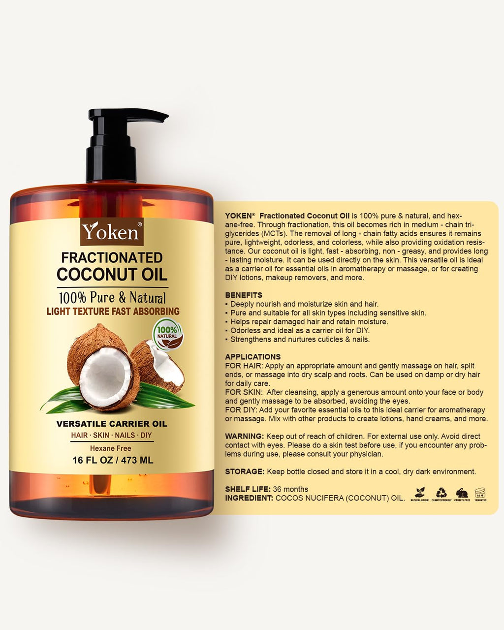 Yoken Fractionated Coconut Oil – 16 oz, Pure & Natural Carrier Oil for Skin, Hair & DIY Beauty