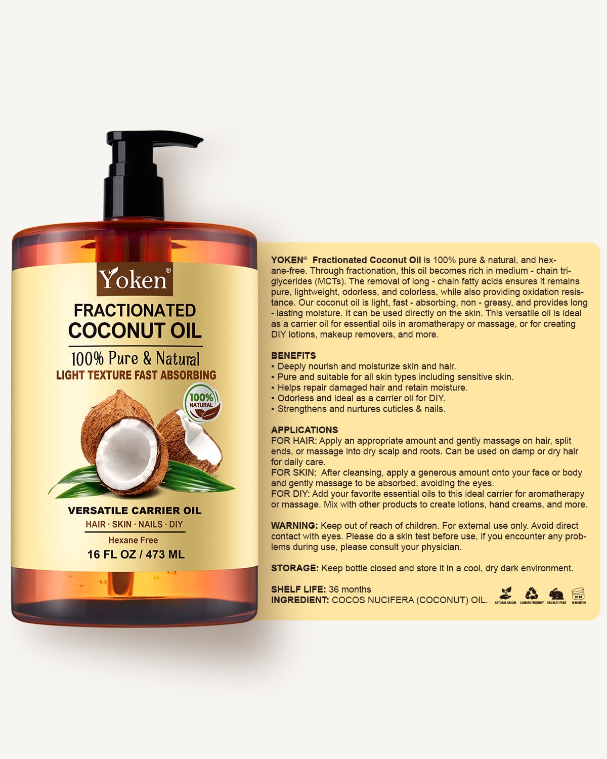 Yoken Fractionated Coconut Oil – 16 oz, Pure & Natural Carrier Oil for Skin, Hair & DIY Beauty