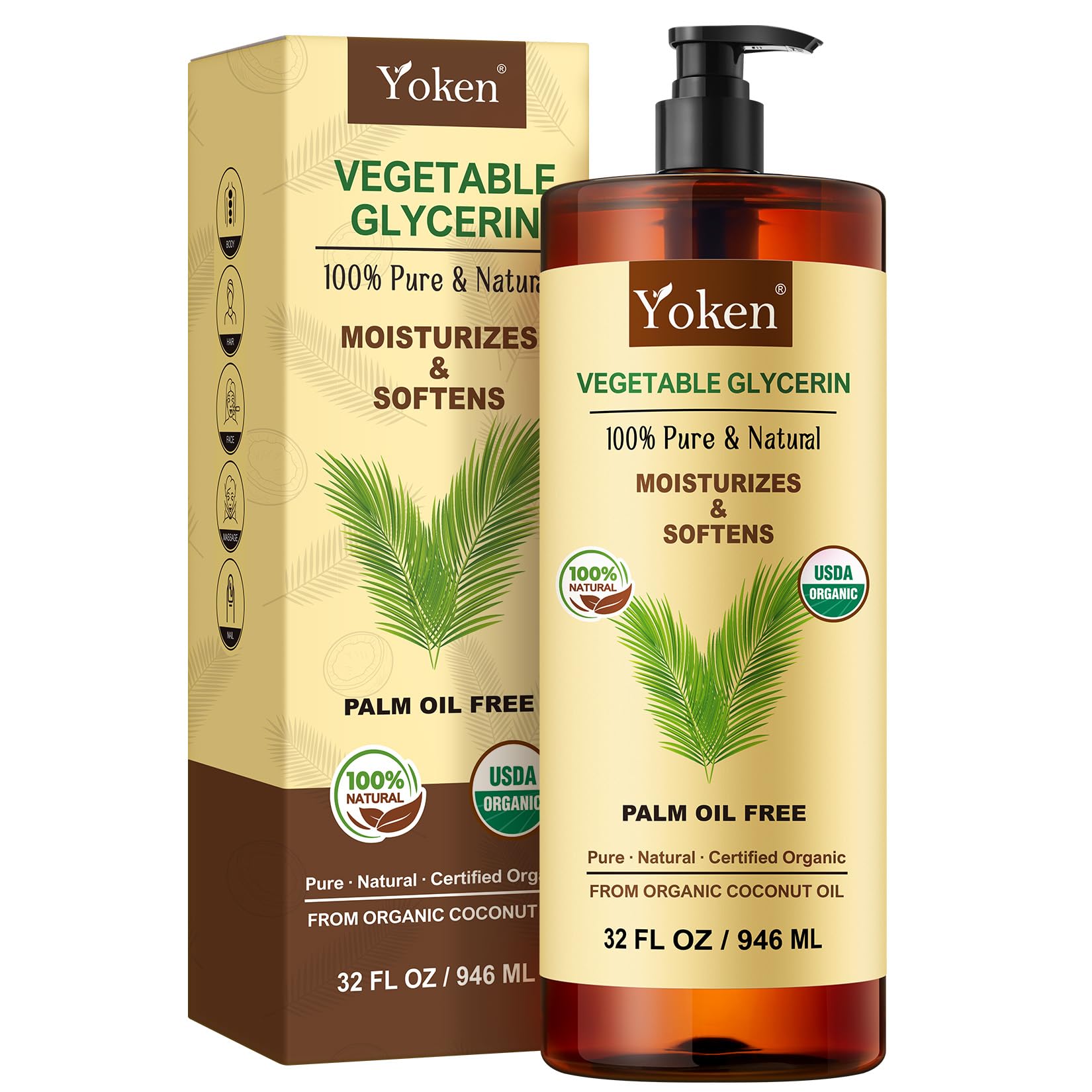 Yoken Glycerin Vegetable Glycerin 32 oz – USDA Organic, Coconut-Derived, Palm-Oil Free Carrier Oil