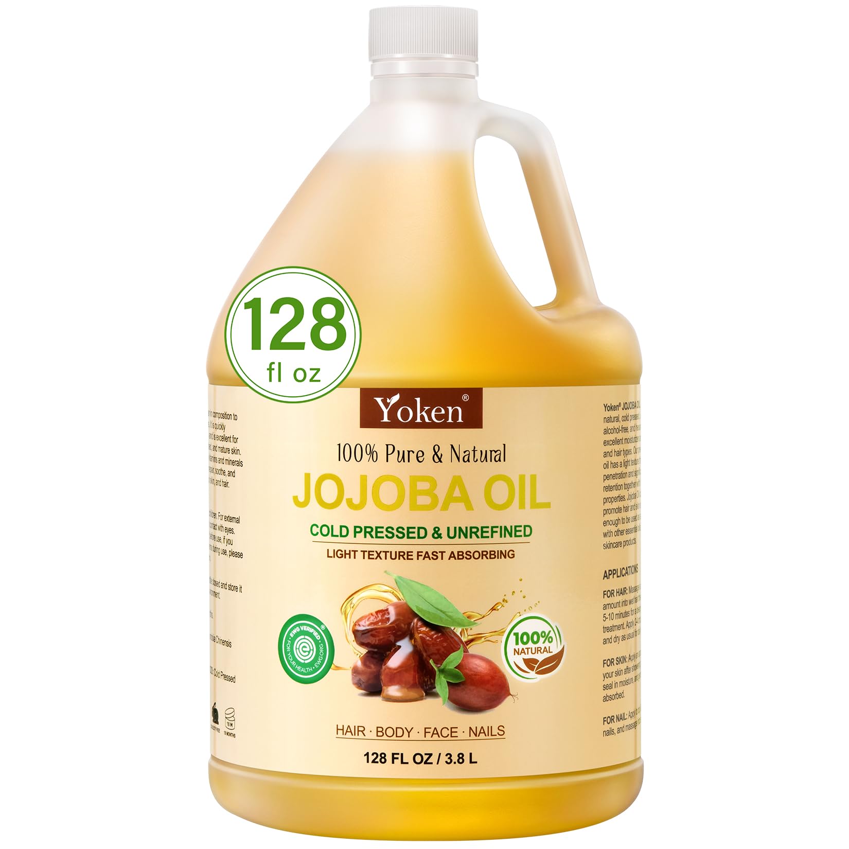 Yoken 1 Gallon Jojoba Oil – Pure Cold-Pressed, Hexane-Free Carrier Oil (EWG Verified) for Hair & Skin