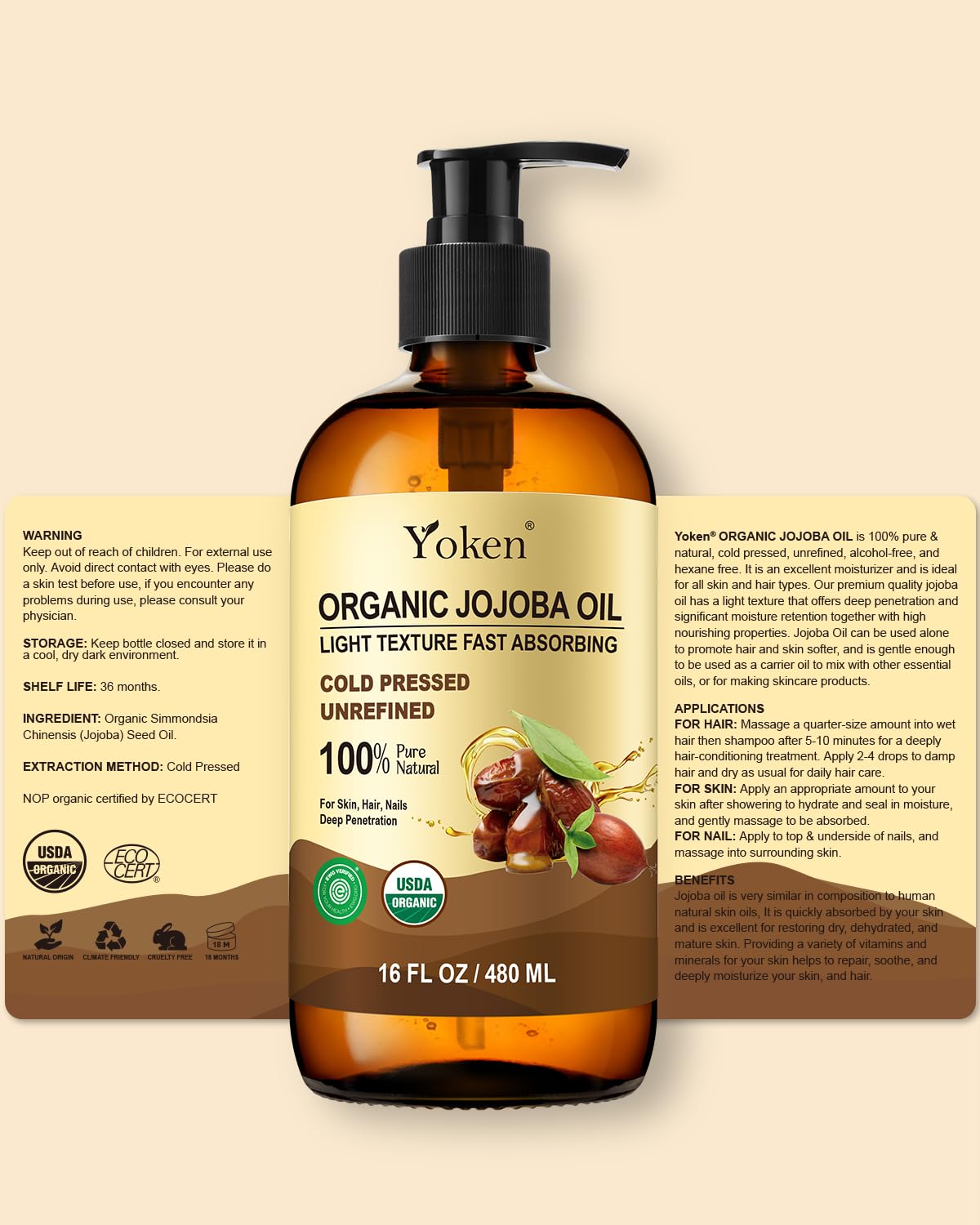 Yoken Organic Jojoba Oil – 16 fl oz USDA Certified, 100% Pure & Natural