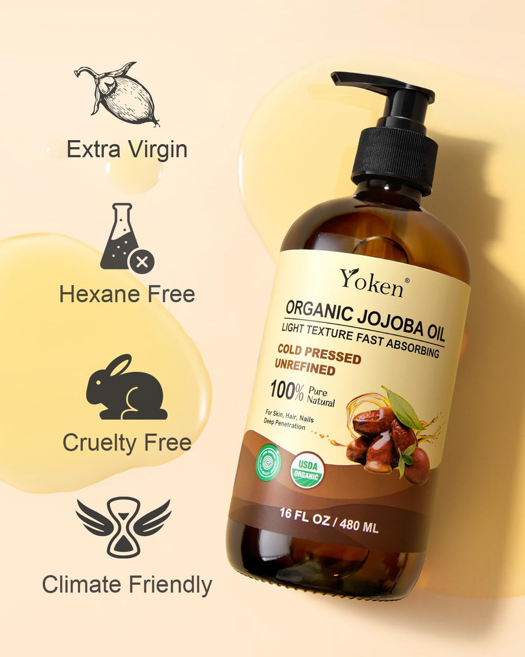 Yoken Organic Jojoba Oil – 16 fl oz USDA Certified, 100% Pure & Natural