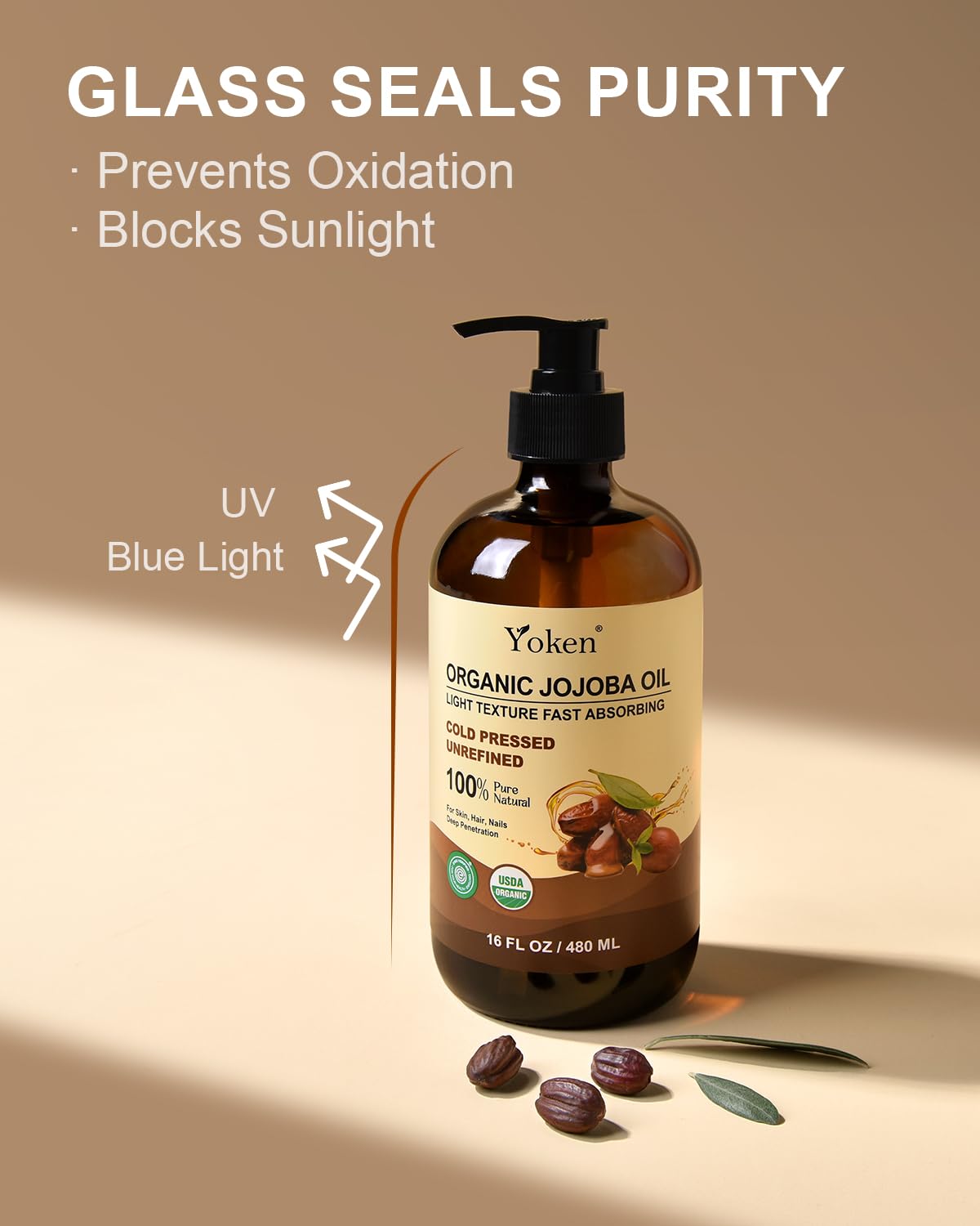 Yoken Organic Jojoba Oil – 16 fl oz USDA Certified, 100% Pure & Natural