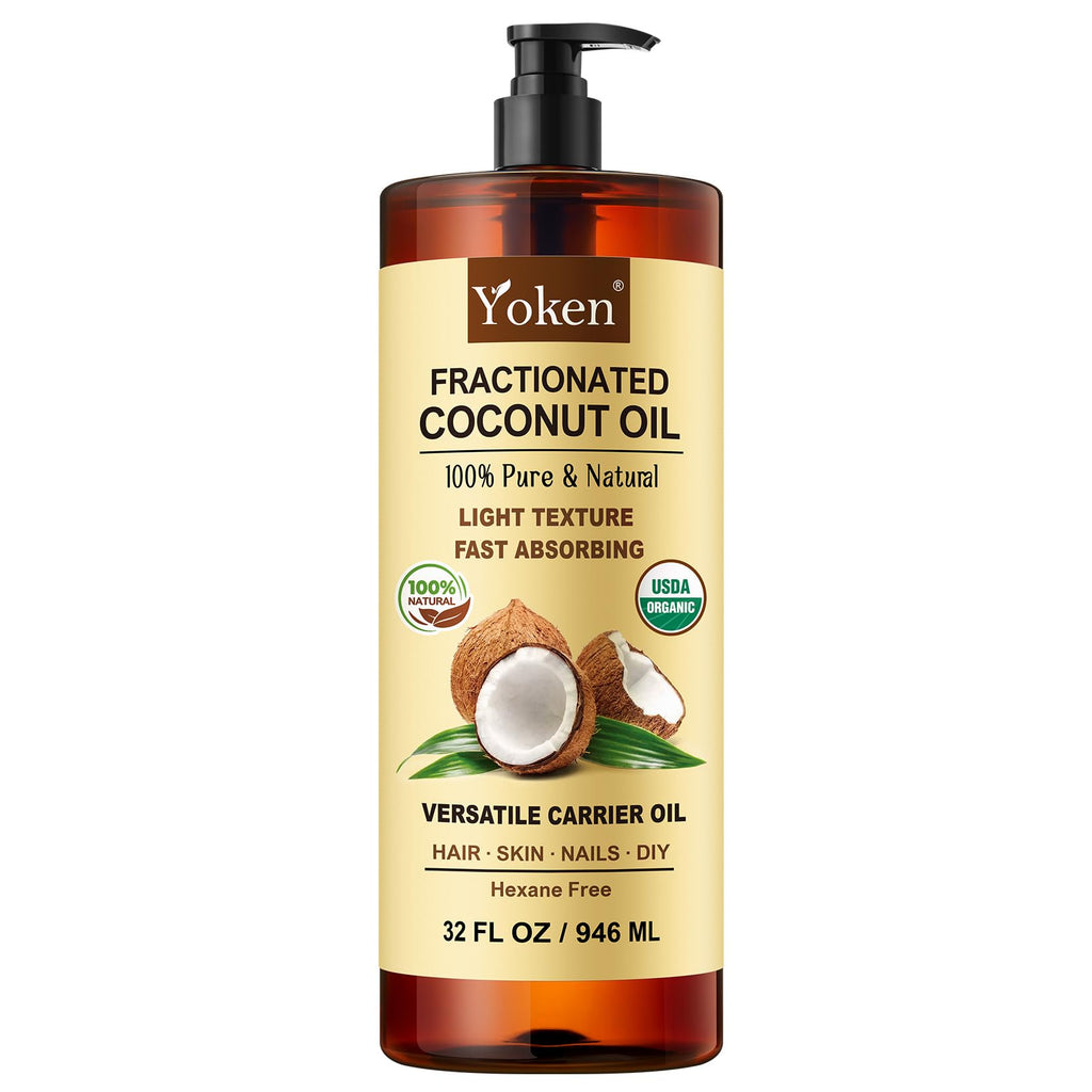 Yoken Organic Fractionated Coconut Oil – 32 oz USDA Organic Carrier Oil for Hair & Skin