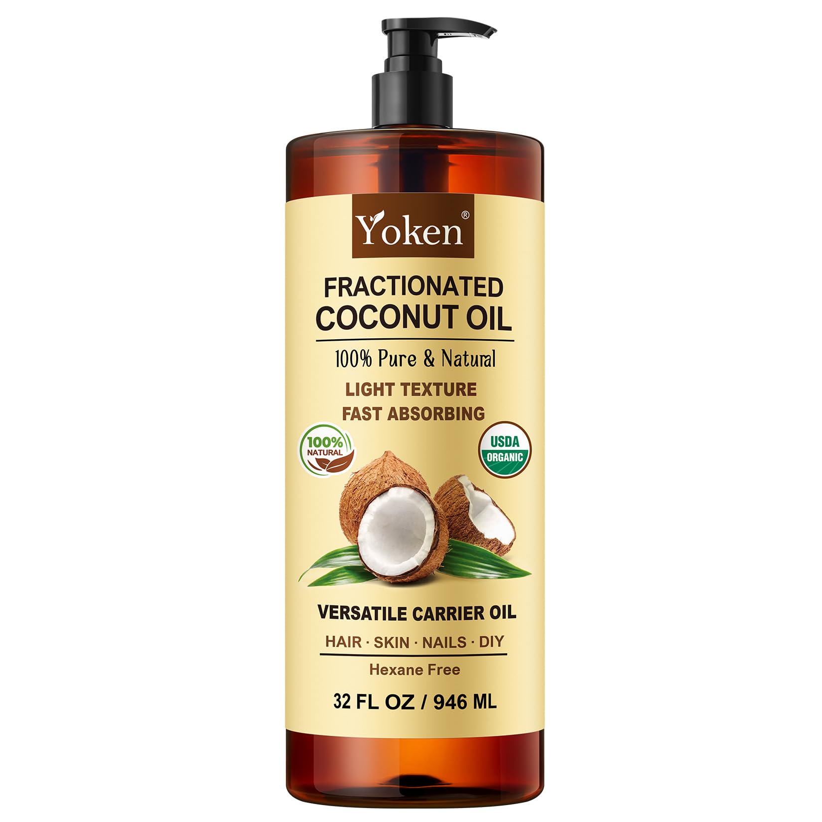 Yoken Organic Fractionated Coconut Oil – 32 oz USDA Organic Carrier Oil for Hair & Skin