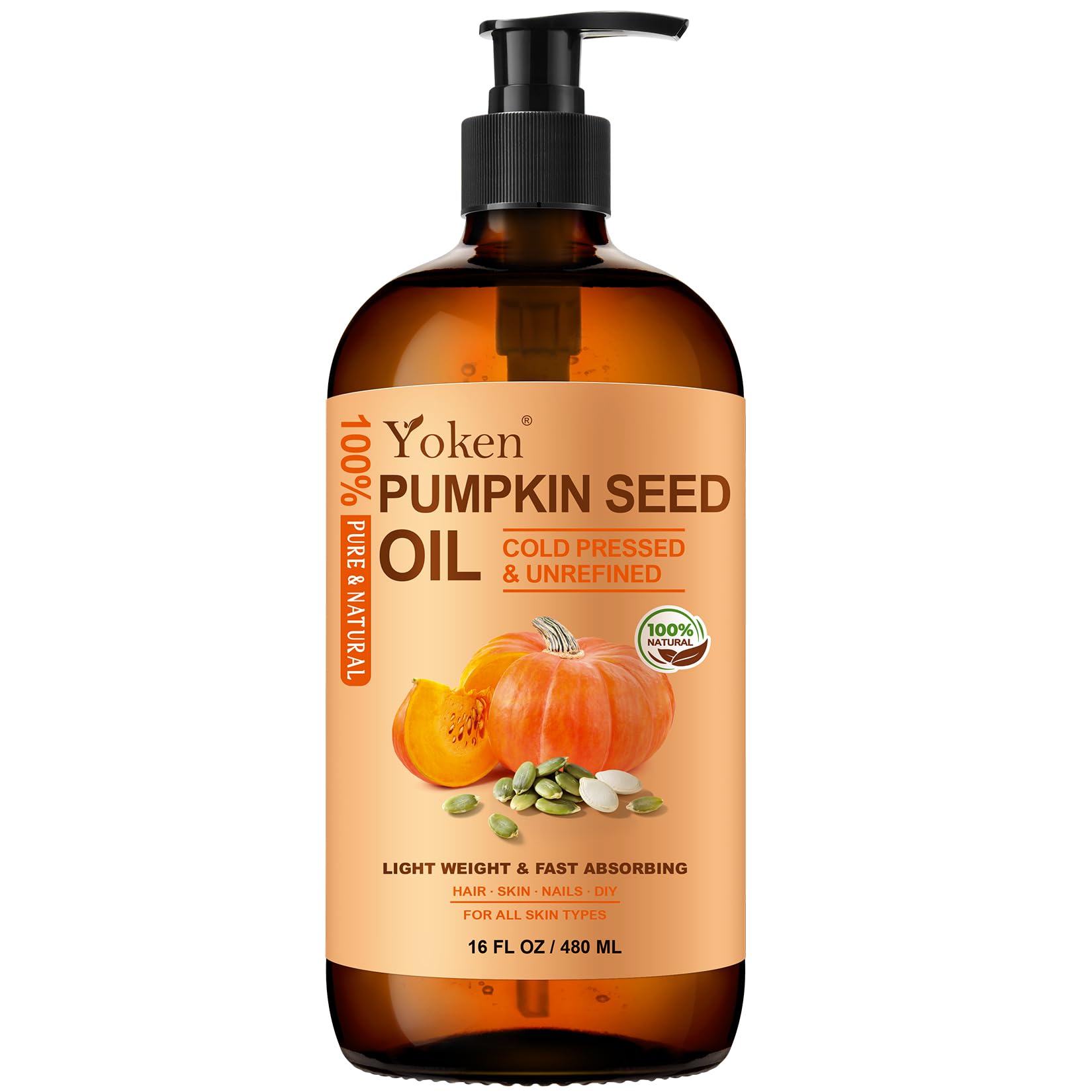 Yoken Pumpkin Seed Oil for Hair & Scalp Care – Cold-Pressed, Hexane-Free, 16 fl oz