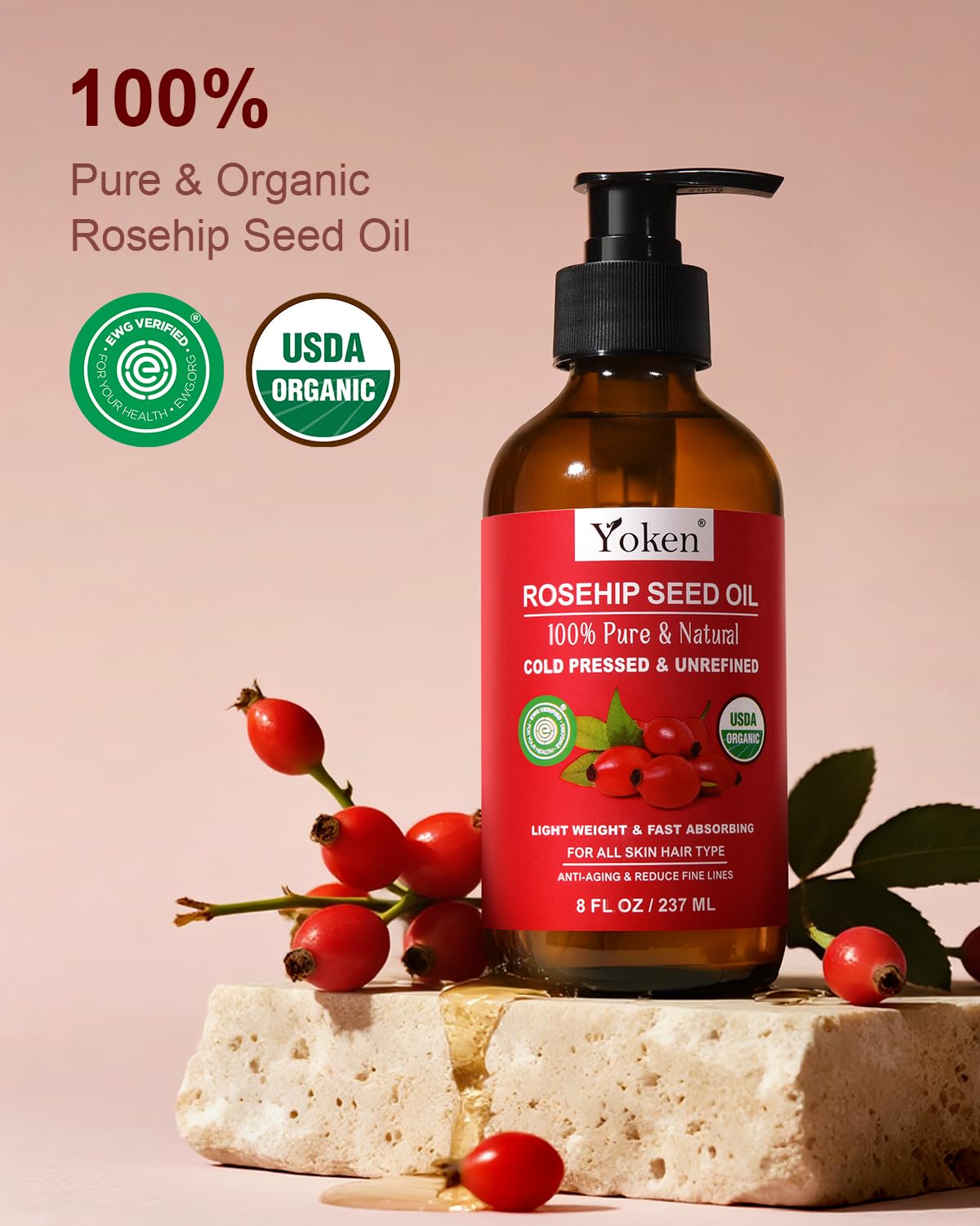 Yoken Rosehip Seed Oil Organic – 100% Pure, Cold-Pressed, 8 oz