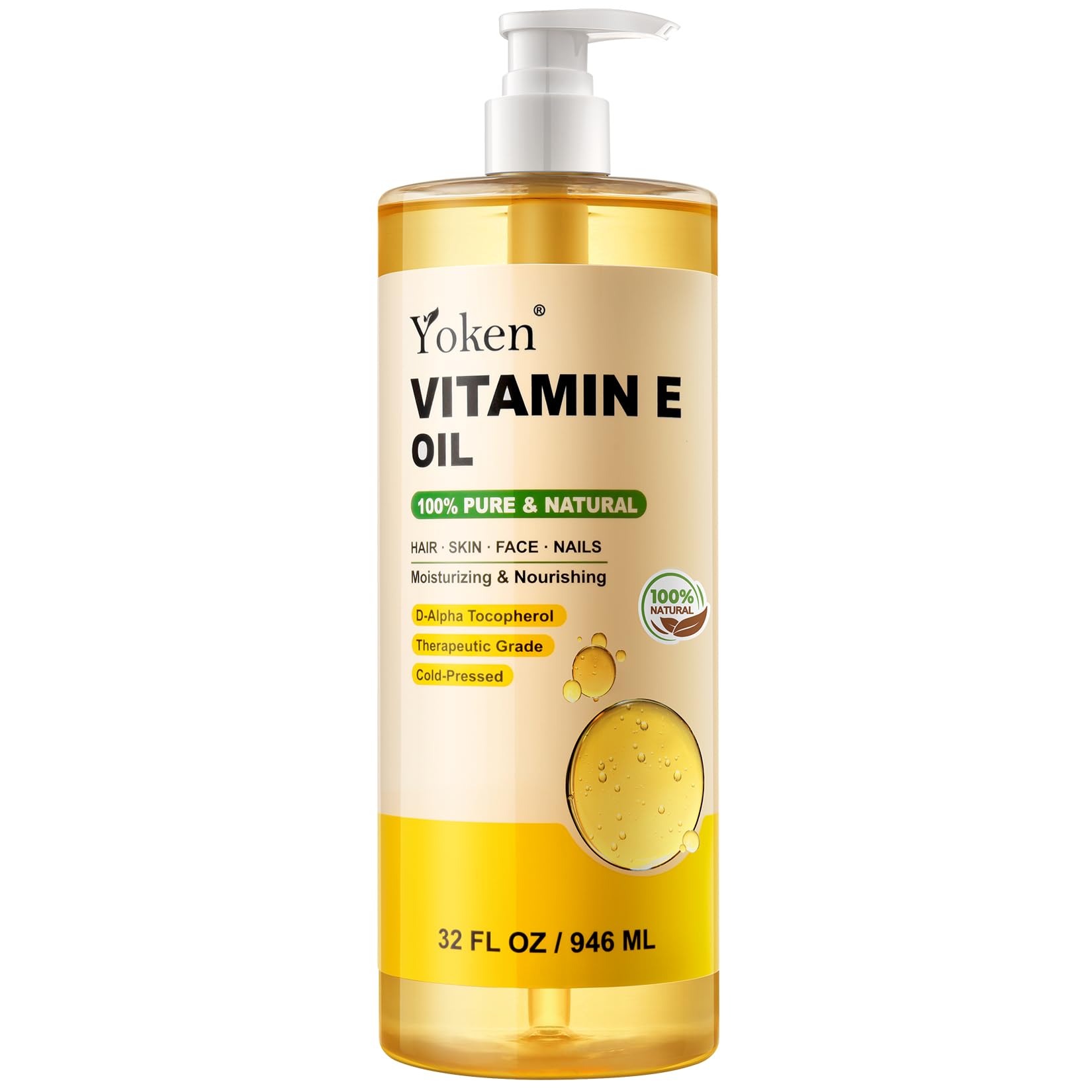 Yoken Vitamin E Oil 32oz – Cold-Pressed, Hexane-Free Skin Oil for Face & Body