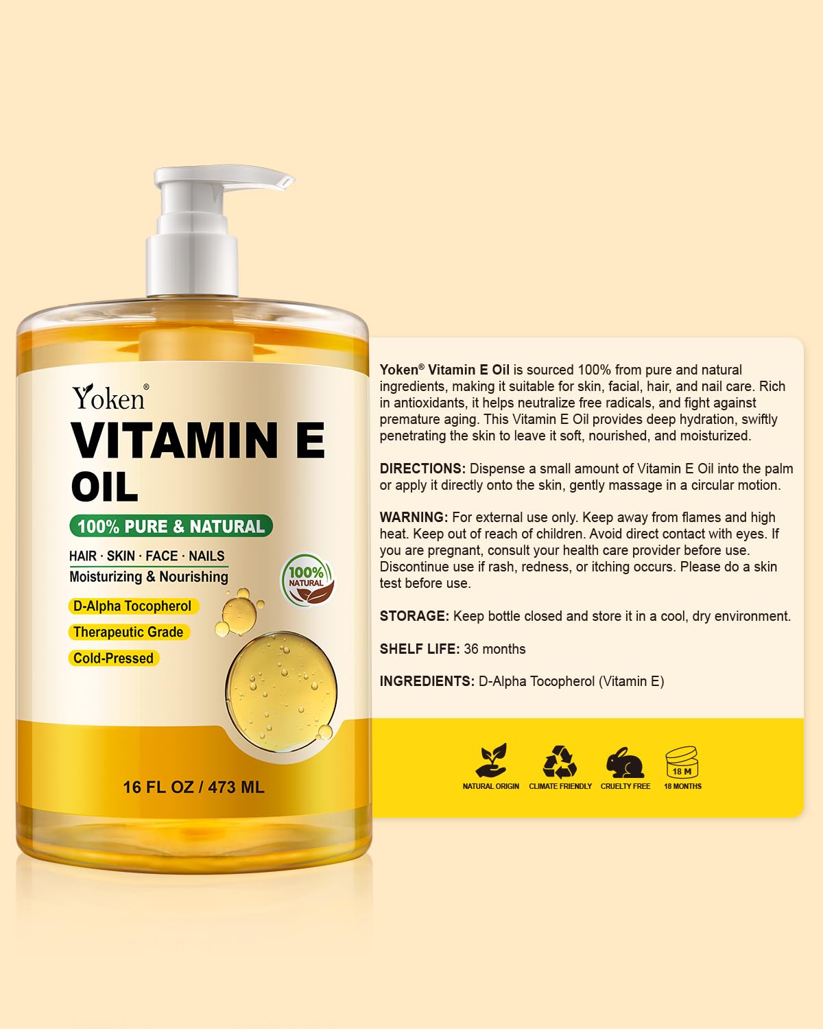 Yoken Vitamin E Oil 16oz – Cold-Pressed, Hexane-Free Skin & Body Oil