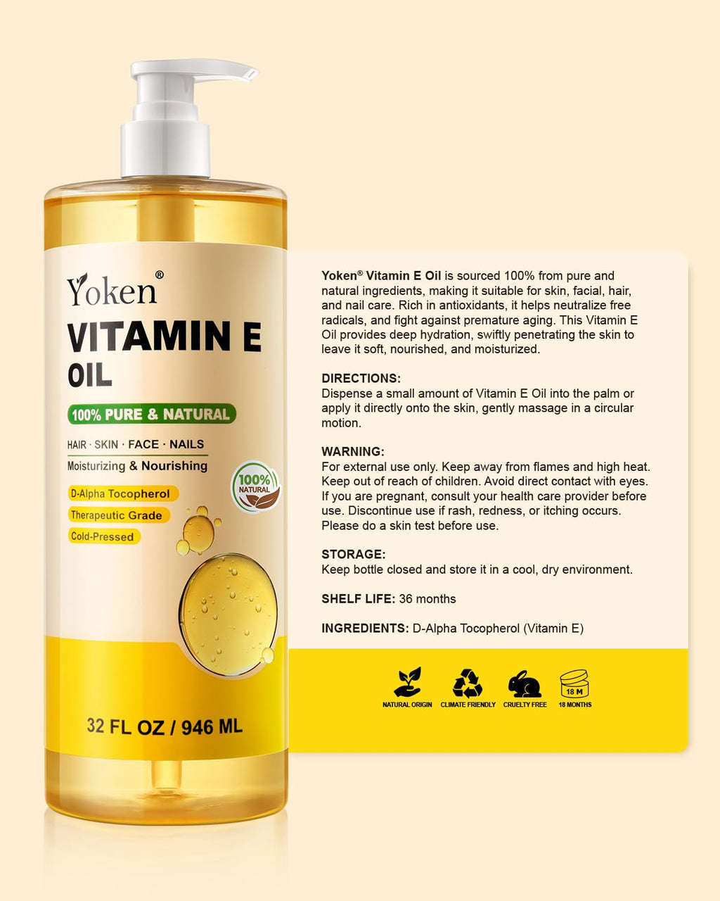 Yoken Vitamin E Oil 32oz – Cold-Pressed, Hexane-Free Skin Oil for Face & Body