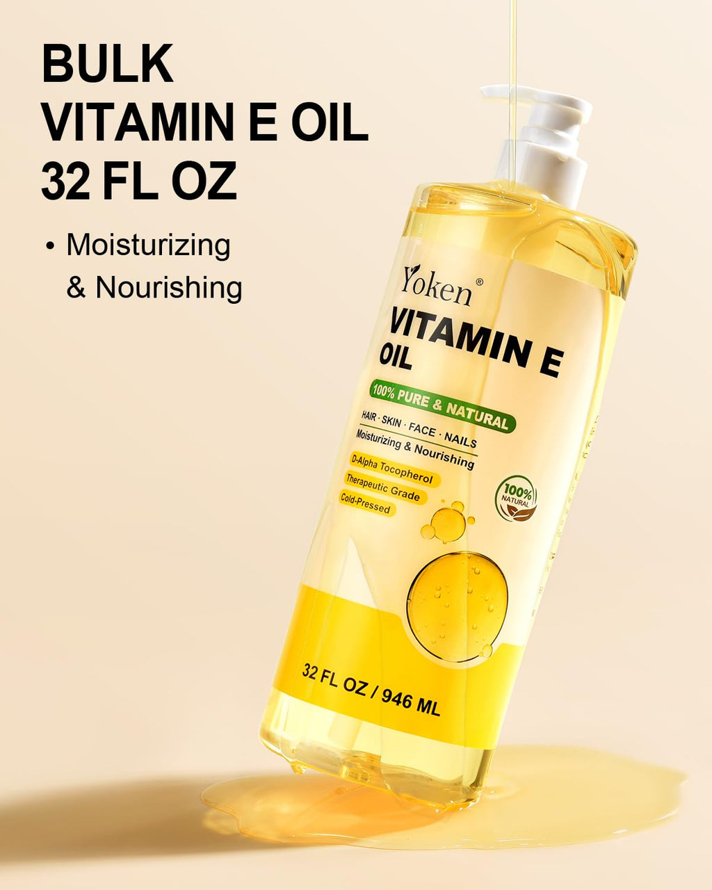 Yoken Vitamin E Oil 32oz – Cold-Pressed, Hexane-Free Skin Oil for Face & Body