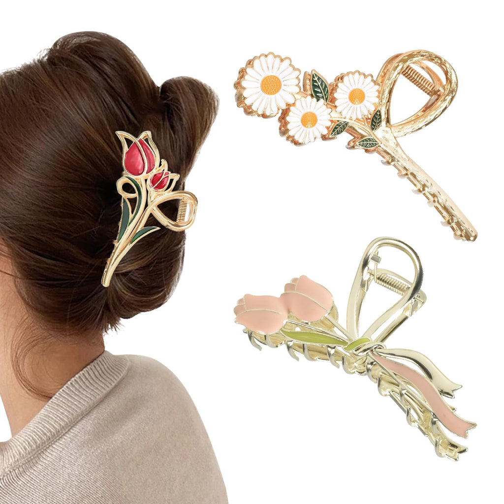 Yonchic 3-Piece Flower Metal Hair Clips – Multicolor Daisy Tulip Claws for Thin to Medium Hair | Strong Hold & Non-Slip