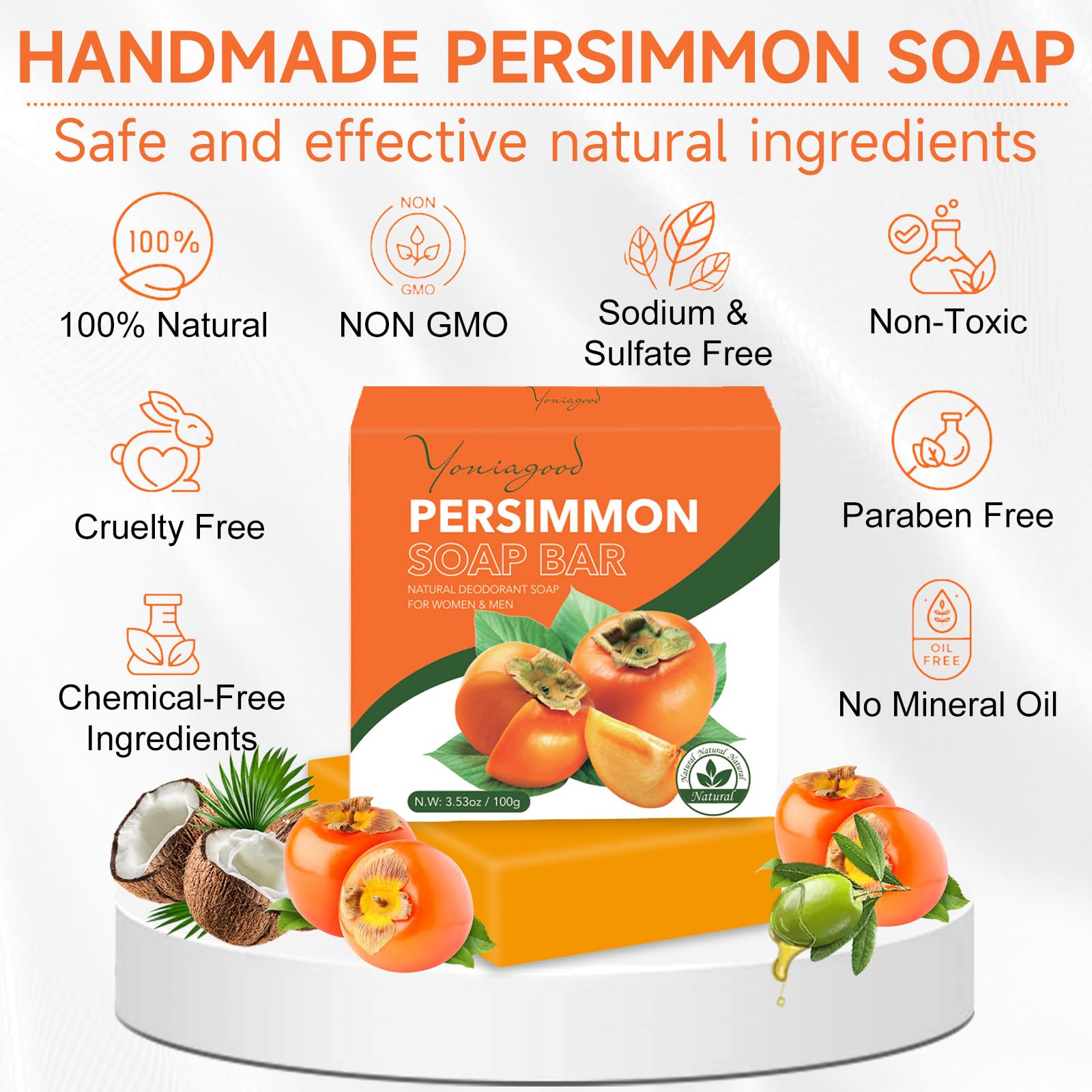 yoniagood 3 PCS Persimmon Soap Bar for Odor Control – Natural Deodorant Body Soap