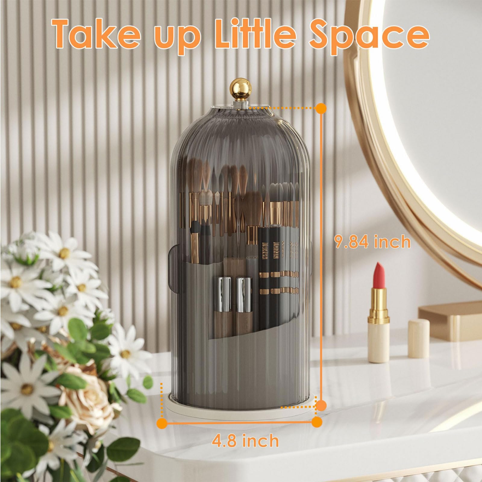 YOOLENS Makeup Brush Holder with Lid - 360° Rotating Clear Dustproof Organizer (Gray)