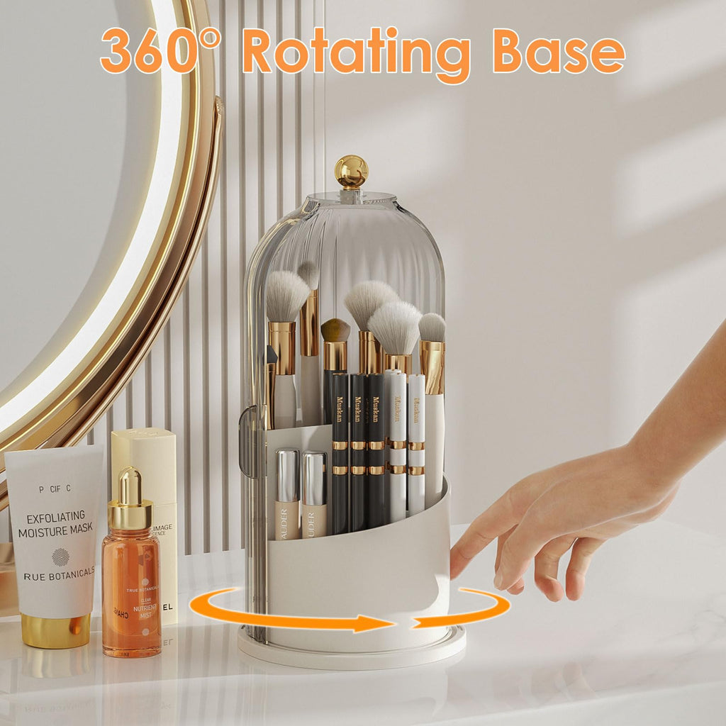 YOOLENS Makeup Brush Holder with Lid - 360° Rotating Clear Dustproof Organizer (Gray)