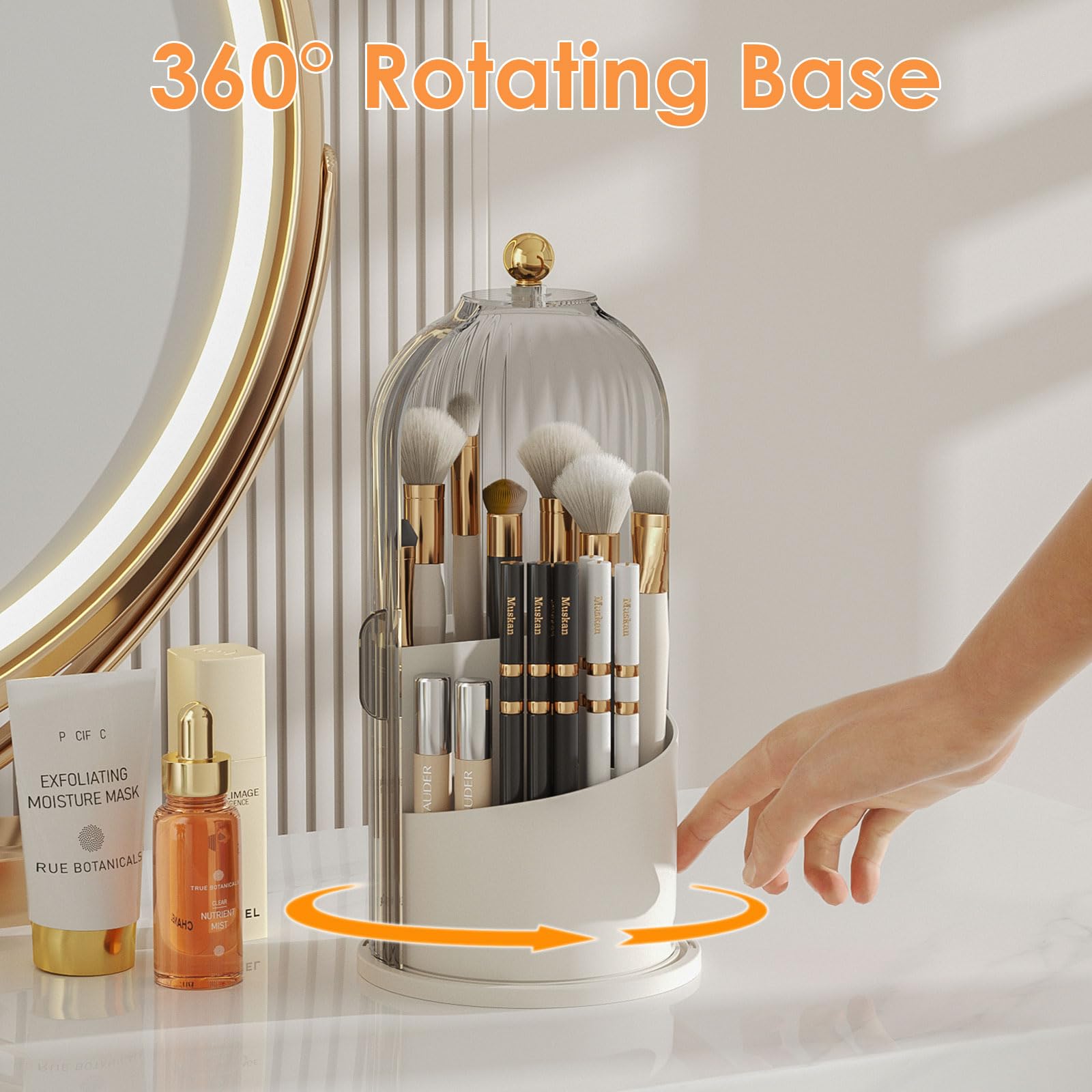 YOOLENS Makeup Brush Holder with Lid - 360° Rotating Clear Dustproof Organizer (Gray)