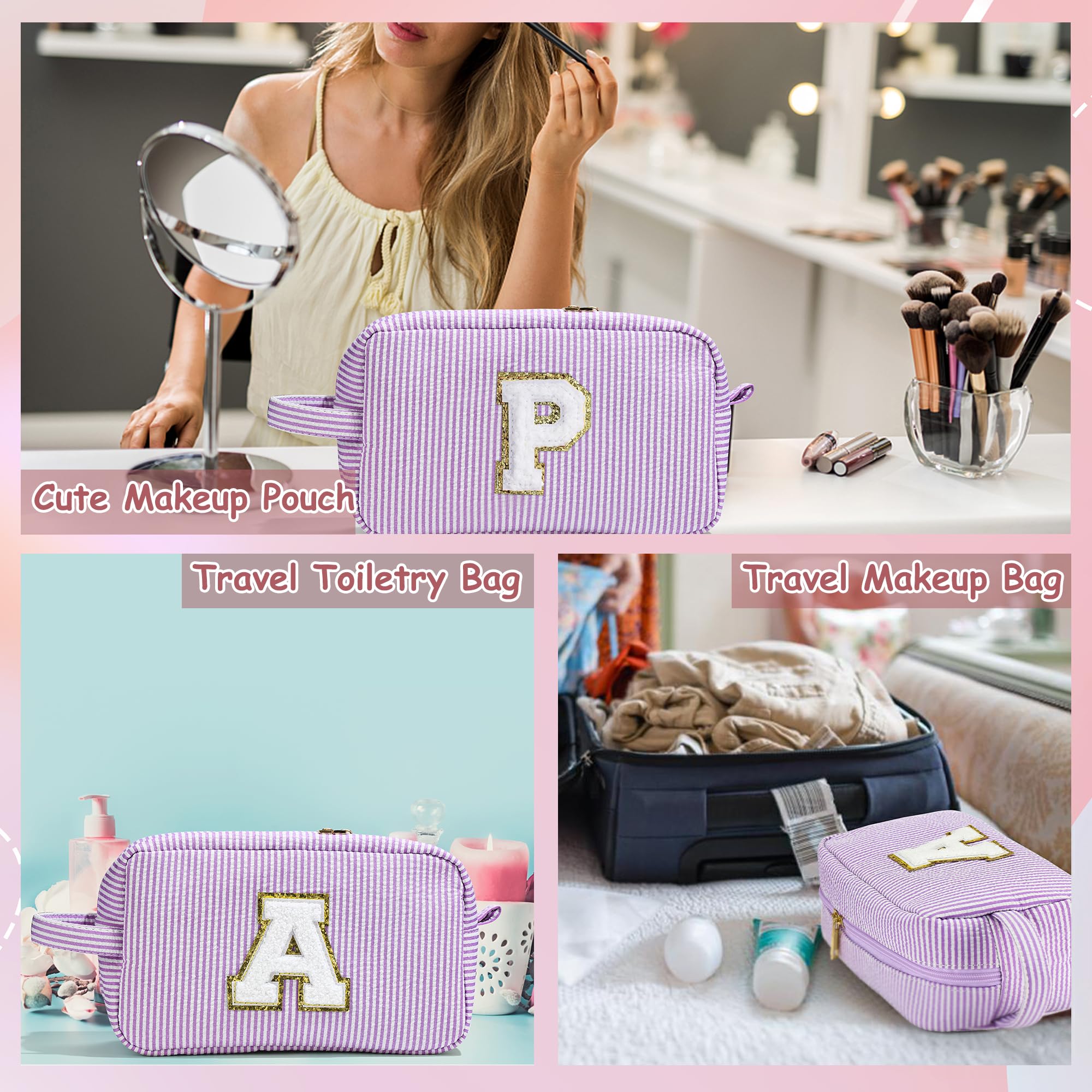 YOOLIFE Makeup Bag – Personalized Monogram Cosmetic Bag for Teens, Purple Travel Pouch