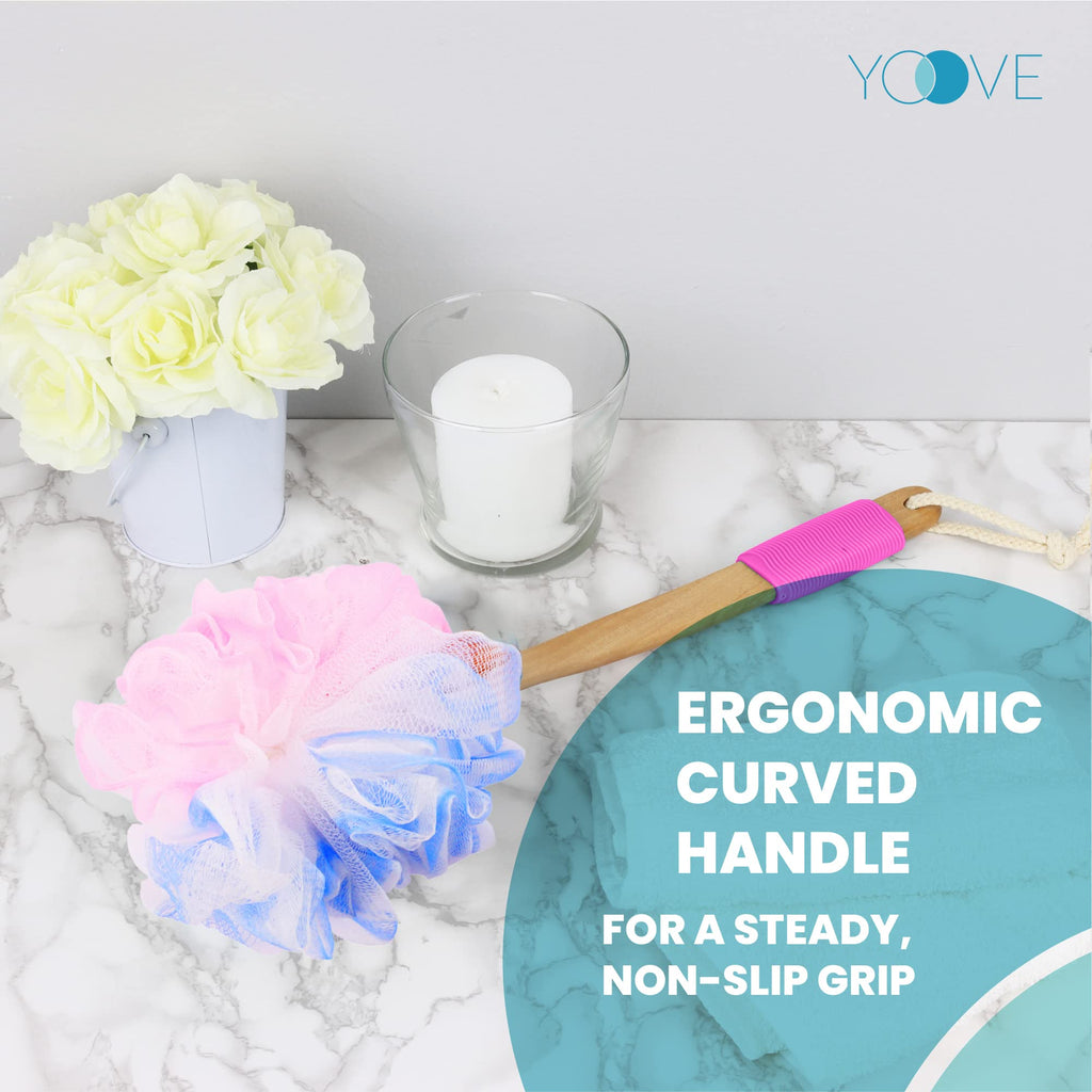 Yoove Loofah Back Scrubber with Bamboo Charcoal Infusion | 17-Inch Wooden Handle Pink Loofah Set