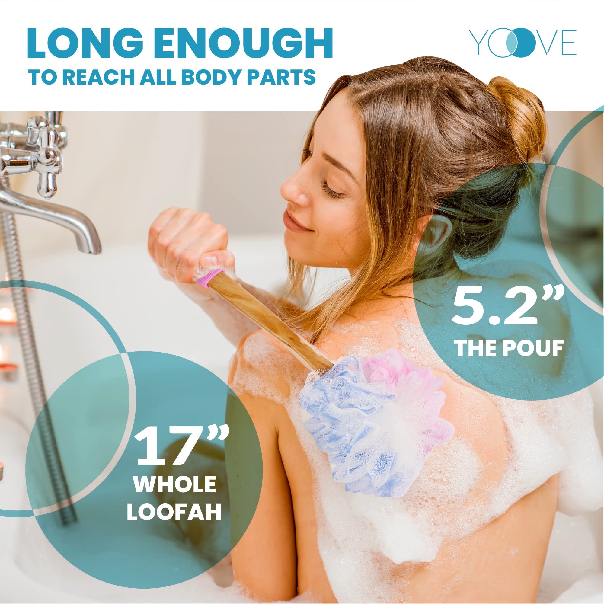 Yoove Loofah Back Scrubber with Bamboo Charcoal Infusion | 17-Inch Wooden Handle Pink Loofah Set