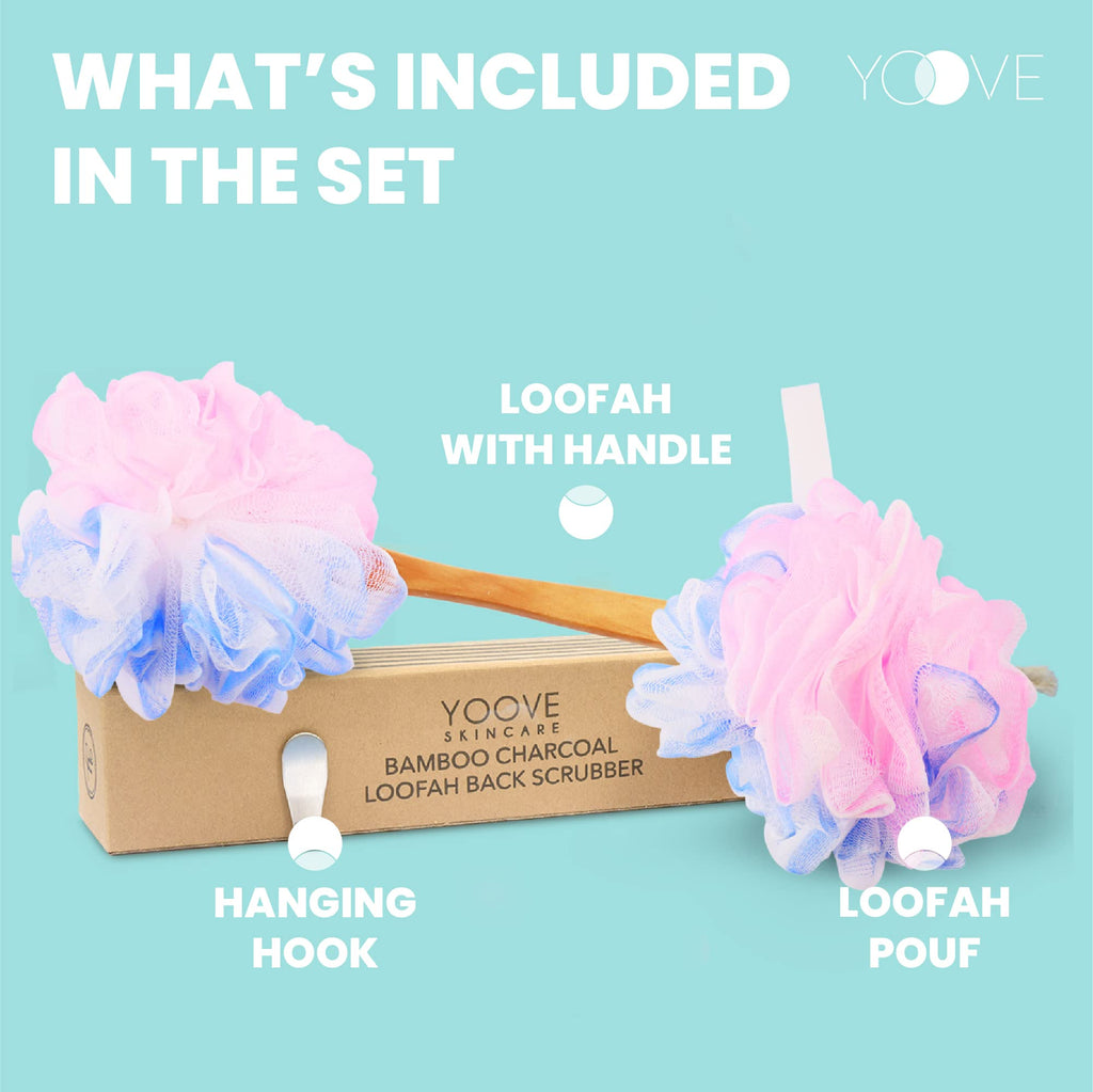 Yoove Loofah Back Scrubber with Bamboo Charcoal Infusion | 17-Inch Wooden Handle Pink Loofah Set