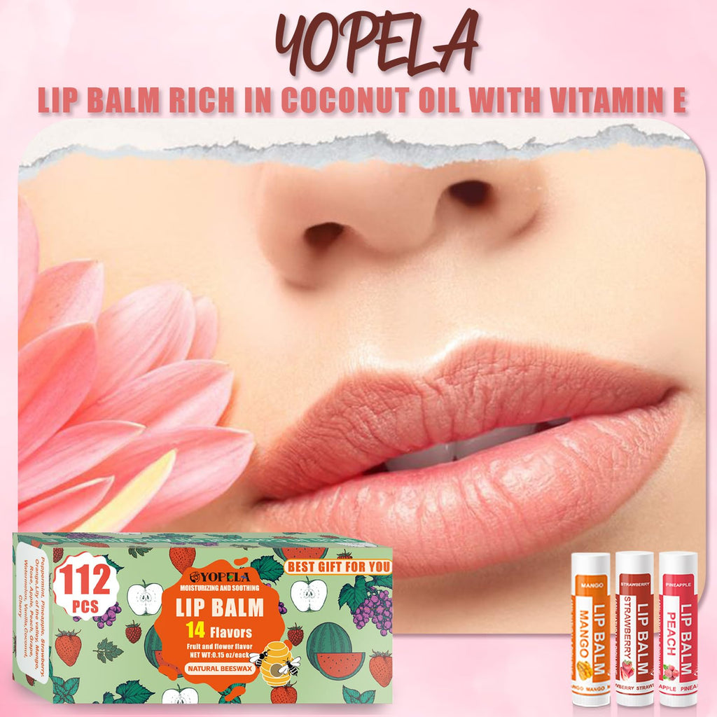 Yopela 112 Pack Natural Lip Balm Bulk – Vitamin E, Coconut Oil, 14 Flavors, Non-GMO