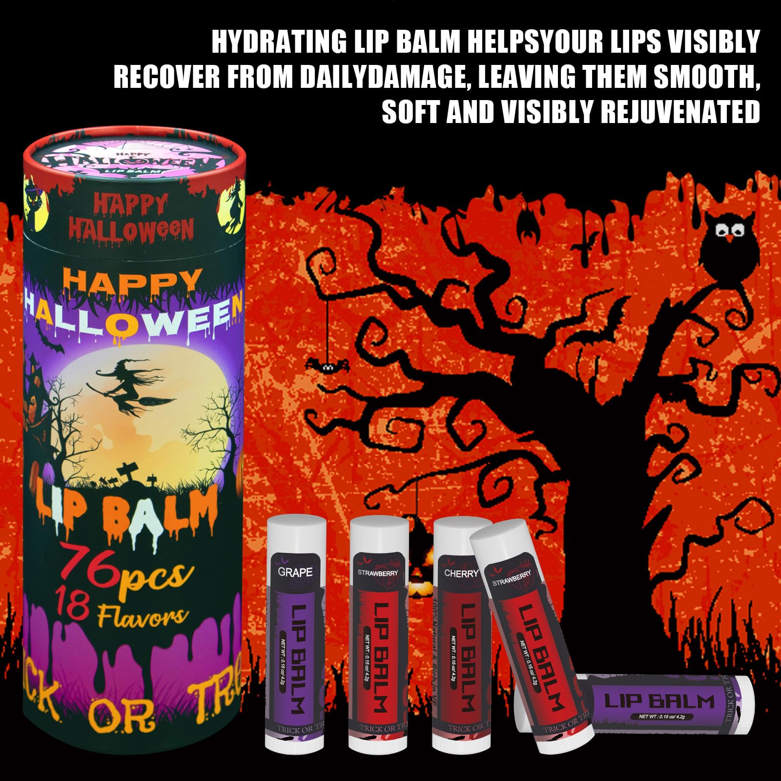 Yopela 76-Pack Halloween Lip Balm Bulk with Vitamin E & Coconut Oil – Moisturizing, Soothing, and Repairing Lip Care